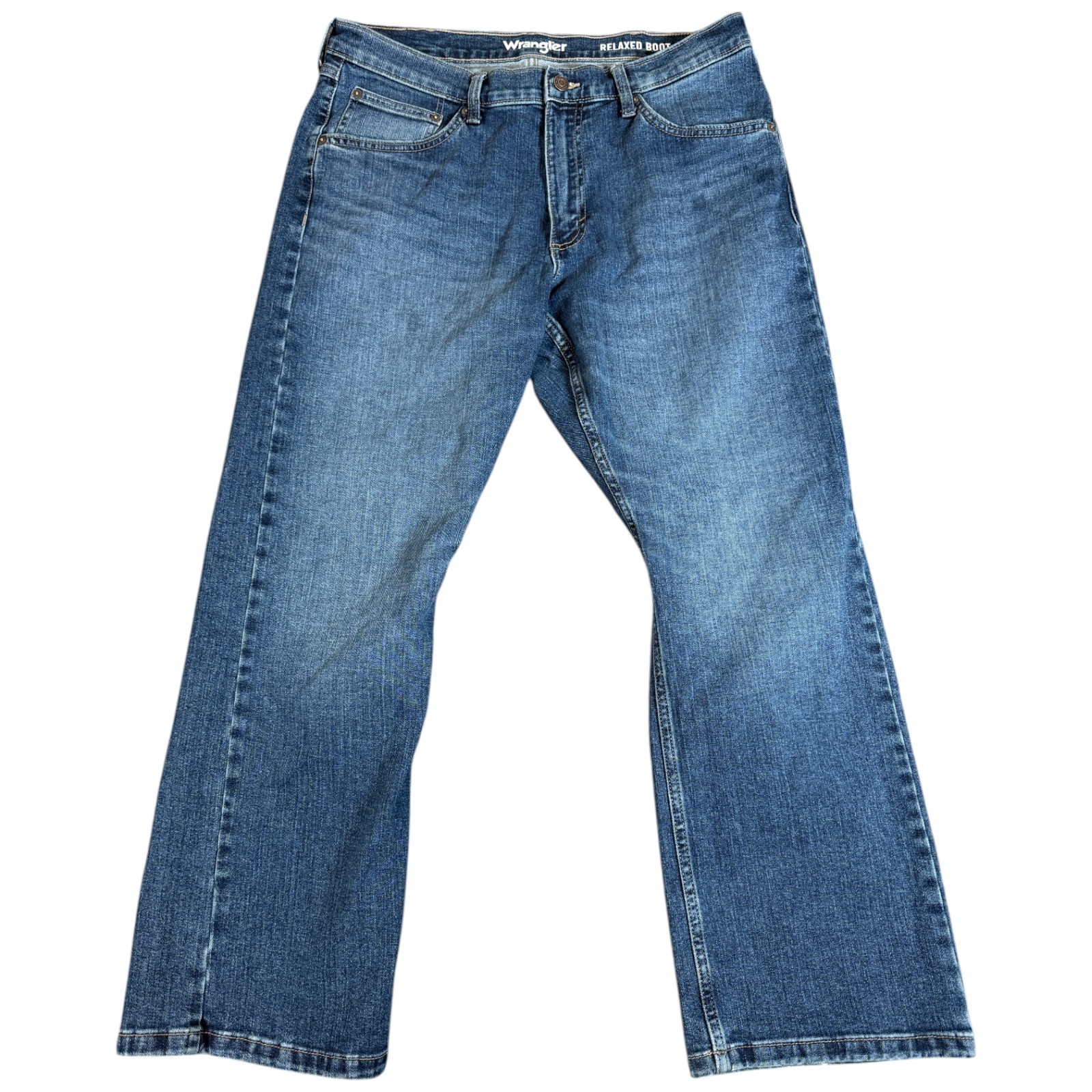 Wrangler Jean Mens 34×29 Blue Medium Wash Cowboy Stretch Relaxed Boot Distressed
