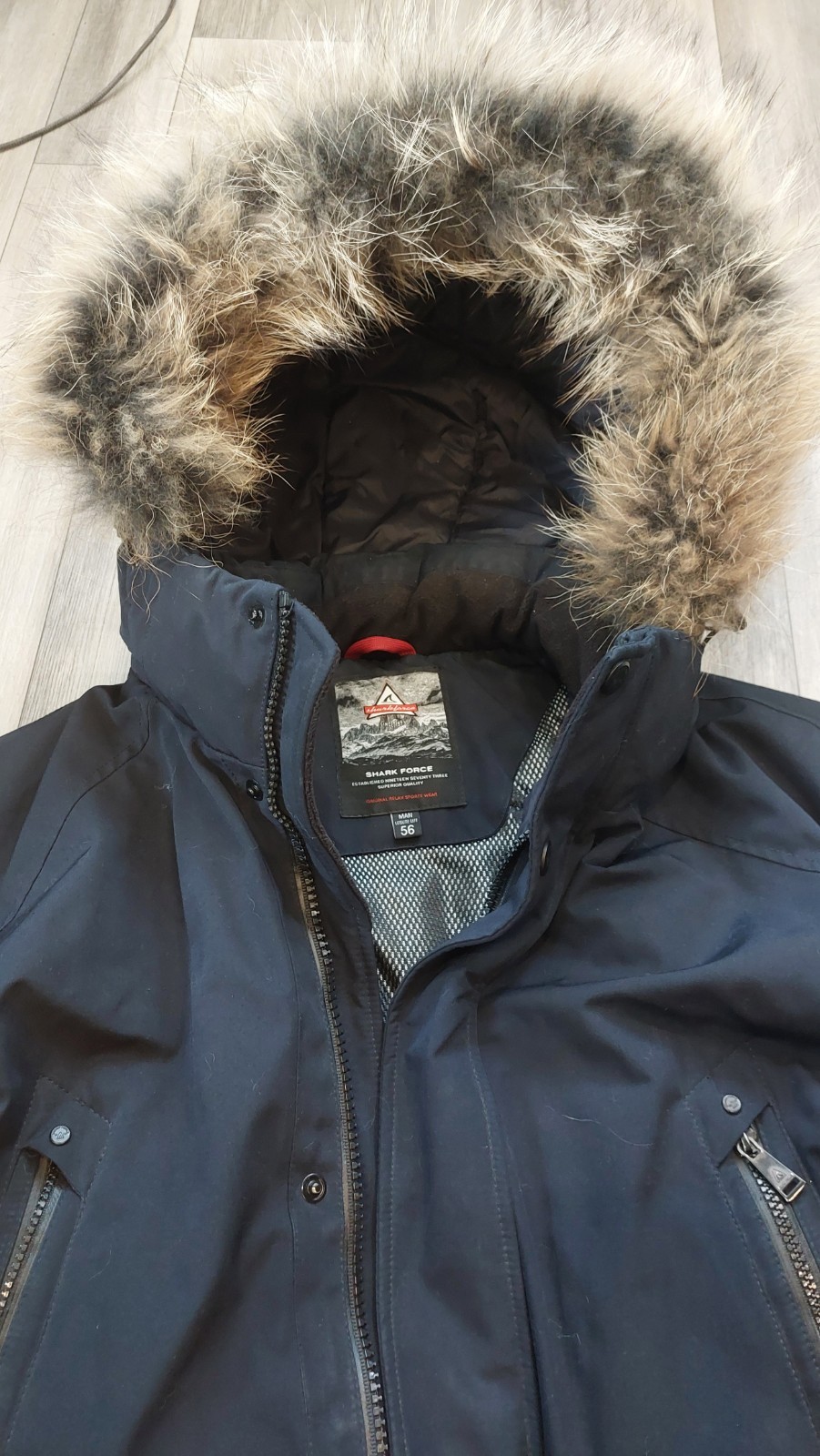 Shark Force Men’s Black Hooded Down Parka Coat w/ Fur Trim, Size L