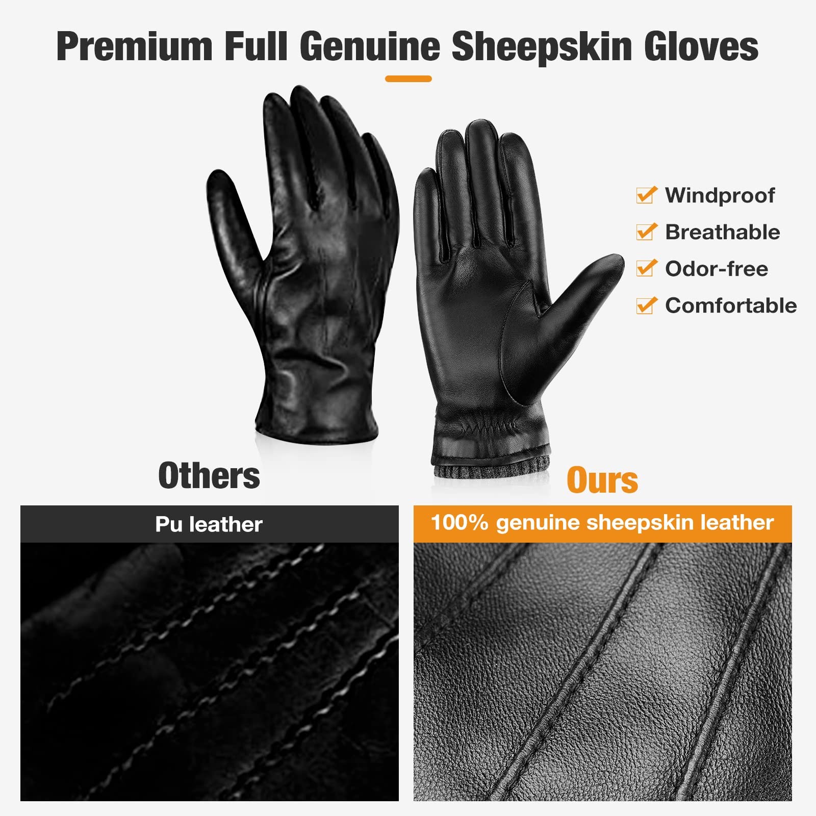 Sheepskin Leather Gloves for Men, Soft Warm Cashmere Lining Full Hand Touchsc…