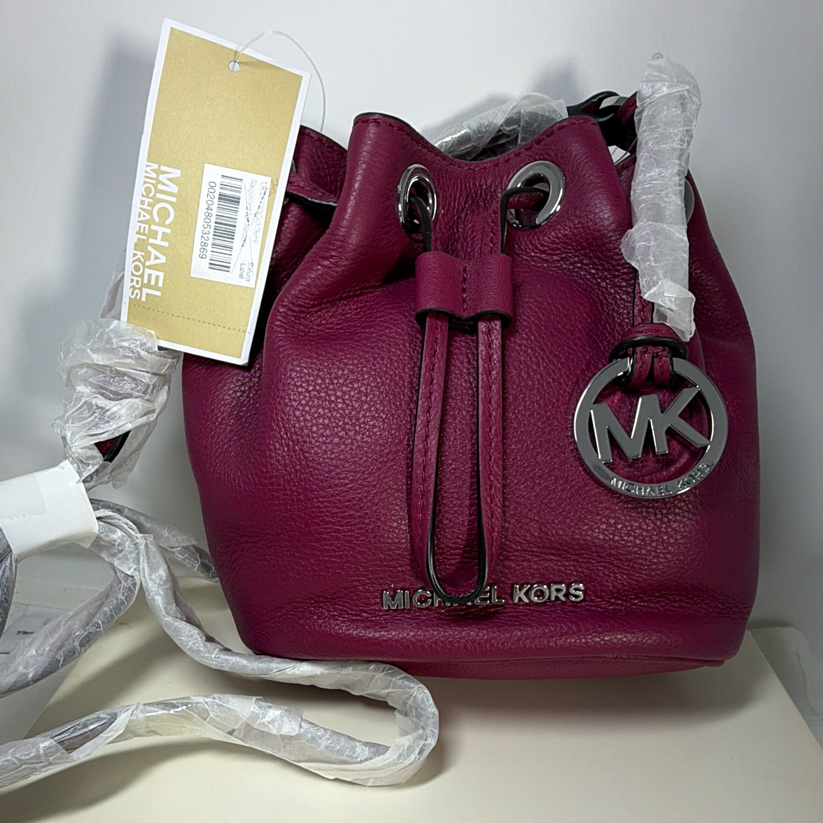 Michael Kors Deep Pink Logo Bucket Drawstring Crossbody Bag Silver Hardware