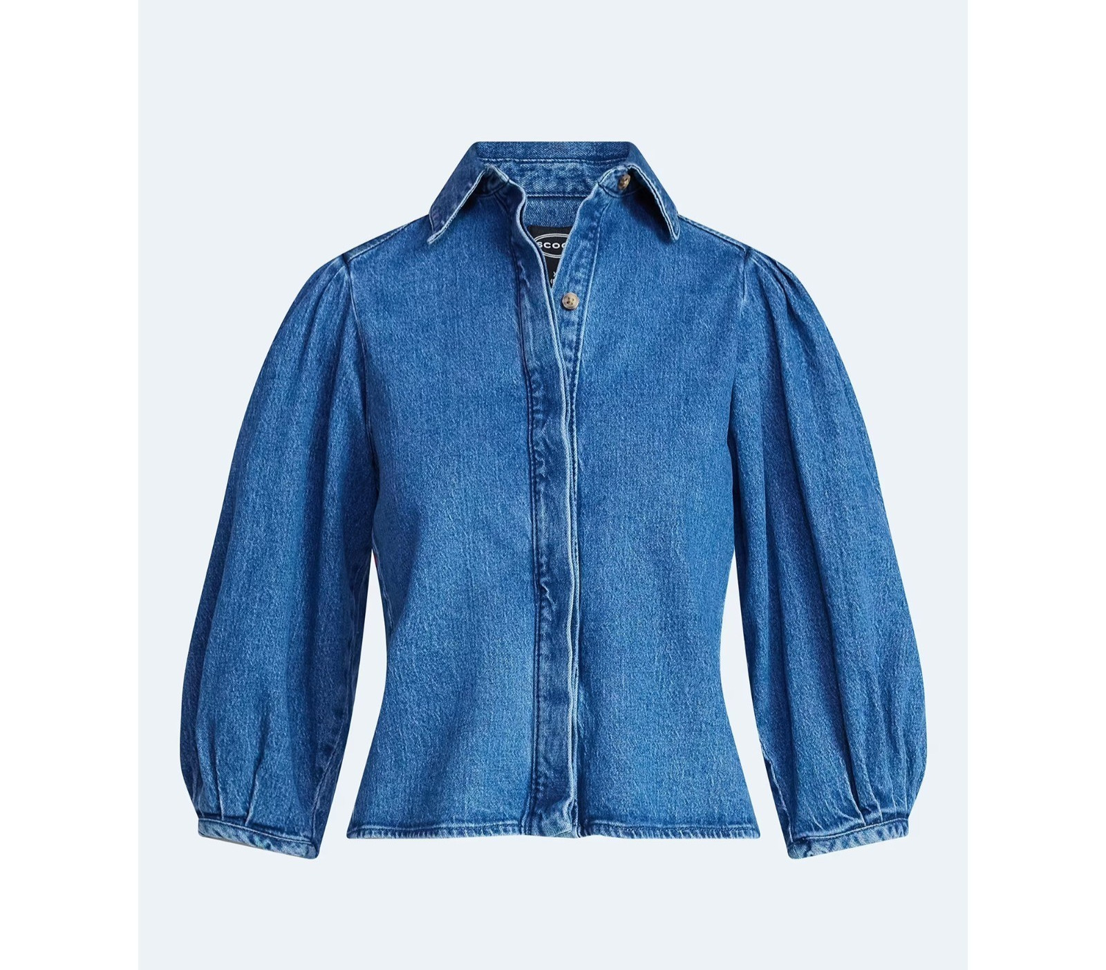 Scoop Womens Denim Shirt Puff 3/4 Sleeve Medium Wash Button Up Jean Blouse Top