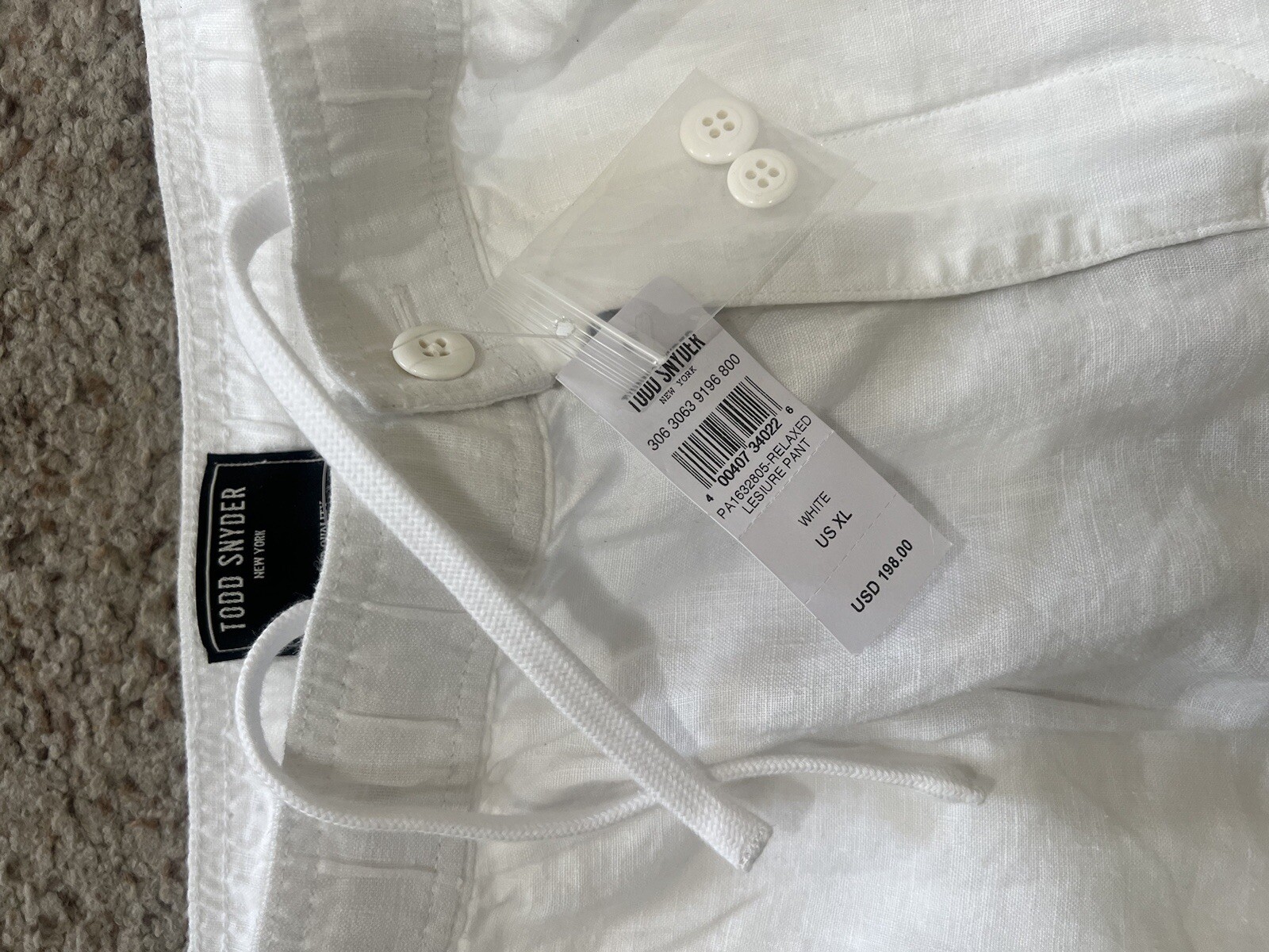 Todd Snyder Italian Linen Men’s Relaxed Leisure Beach Lagenlook White Pants XL