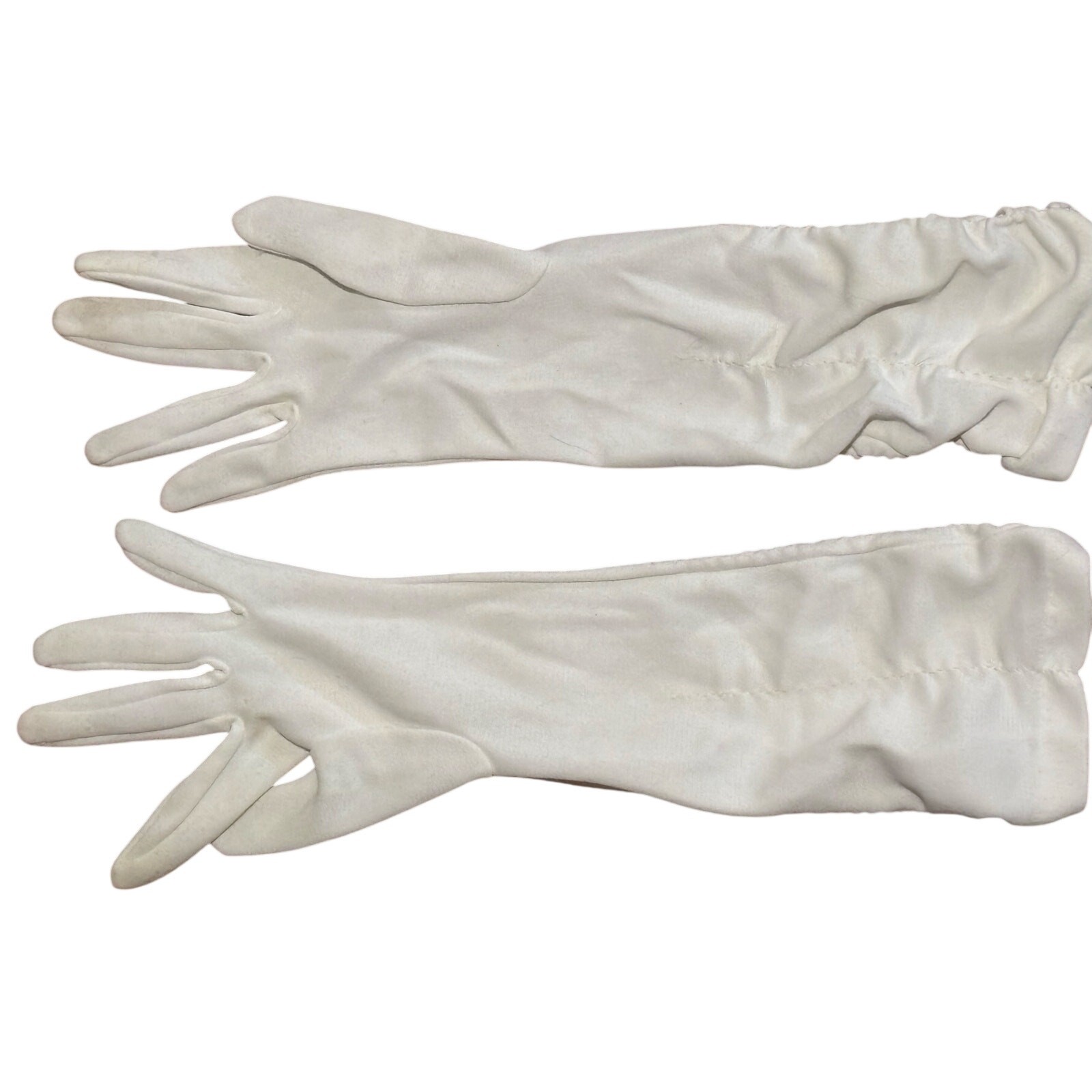 Vintage Ivory Gloves Nylon? Adult Small? Rouched Mid Elbow Mid Century 1950-60s