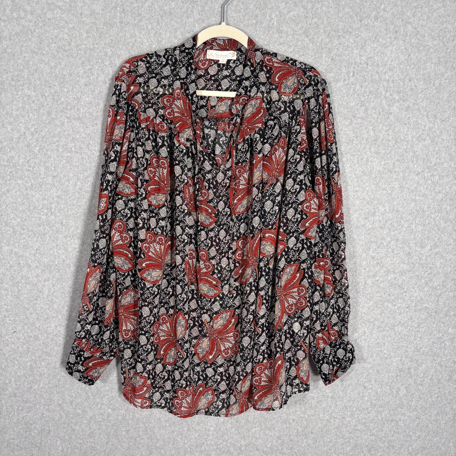 Pleated Paisley Sheer Blouse XL Boho Cottage Feminine Romantic Dark Neutral Rust
