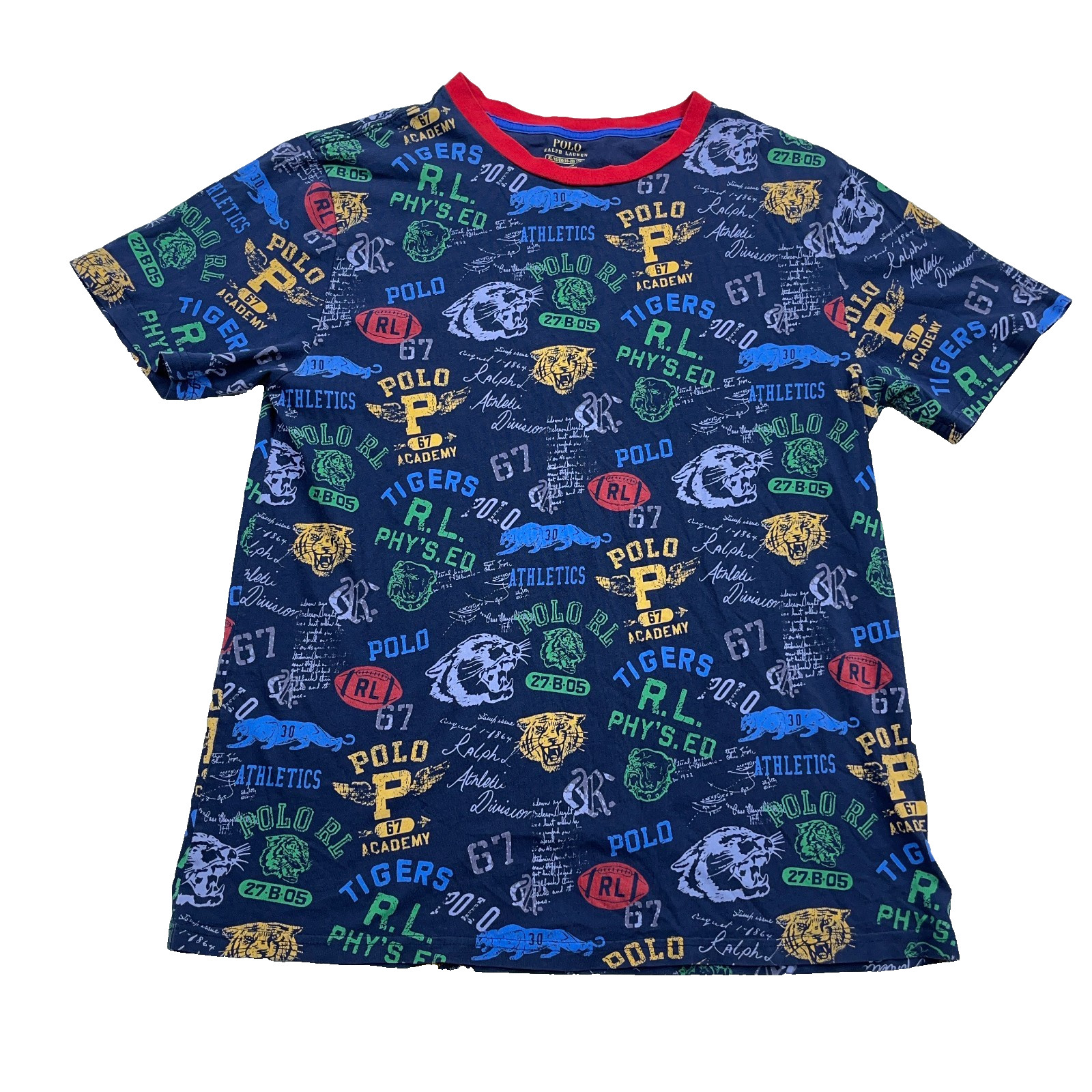 Polo Ralph Lauren Shirt Boys XL Blue All Over Print AIO Crest Football Tee Retro