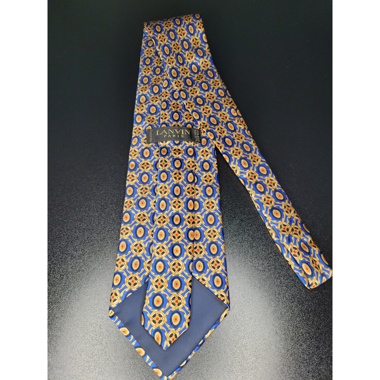 Lanvin Men’s Necktie Blue Gold Geometric Silk 3.75″ x 58″ Excellent
