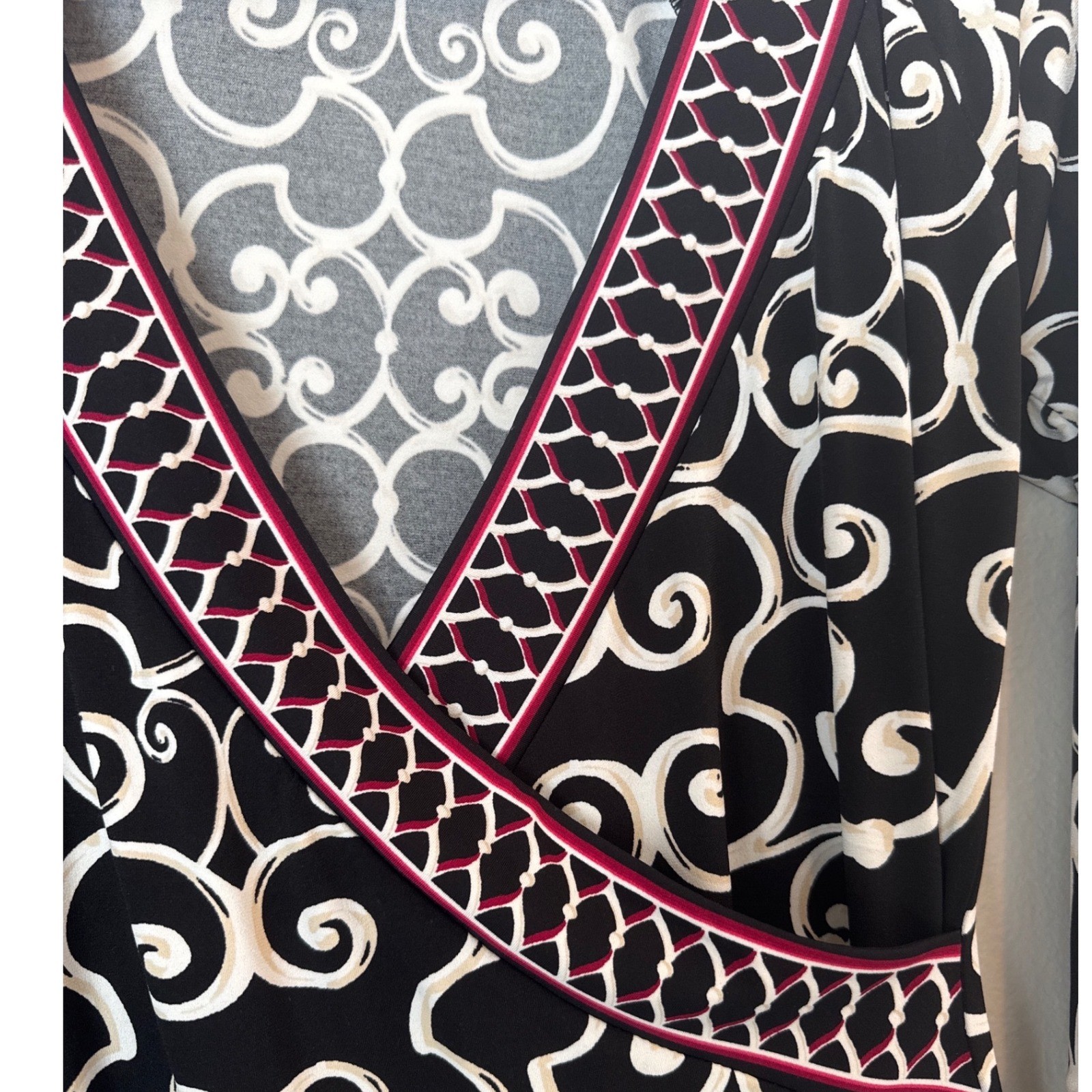 White House Black Market Scroll Print Faux Wrap Dress Black Cream Burgundy Sz S