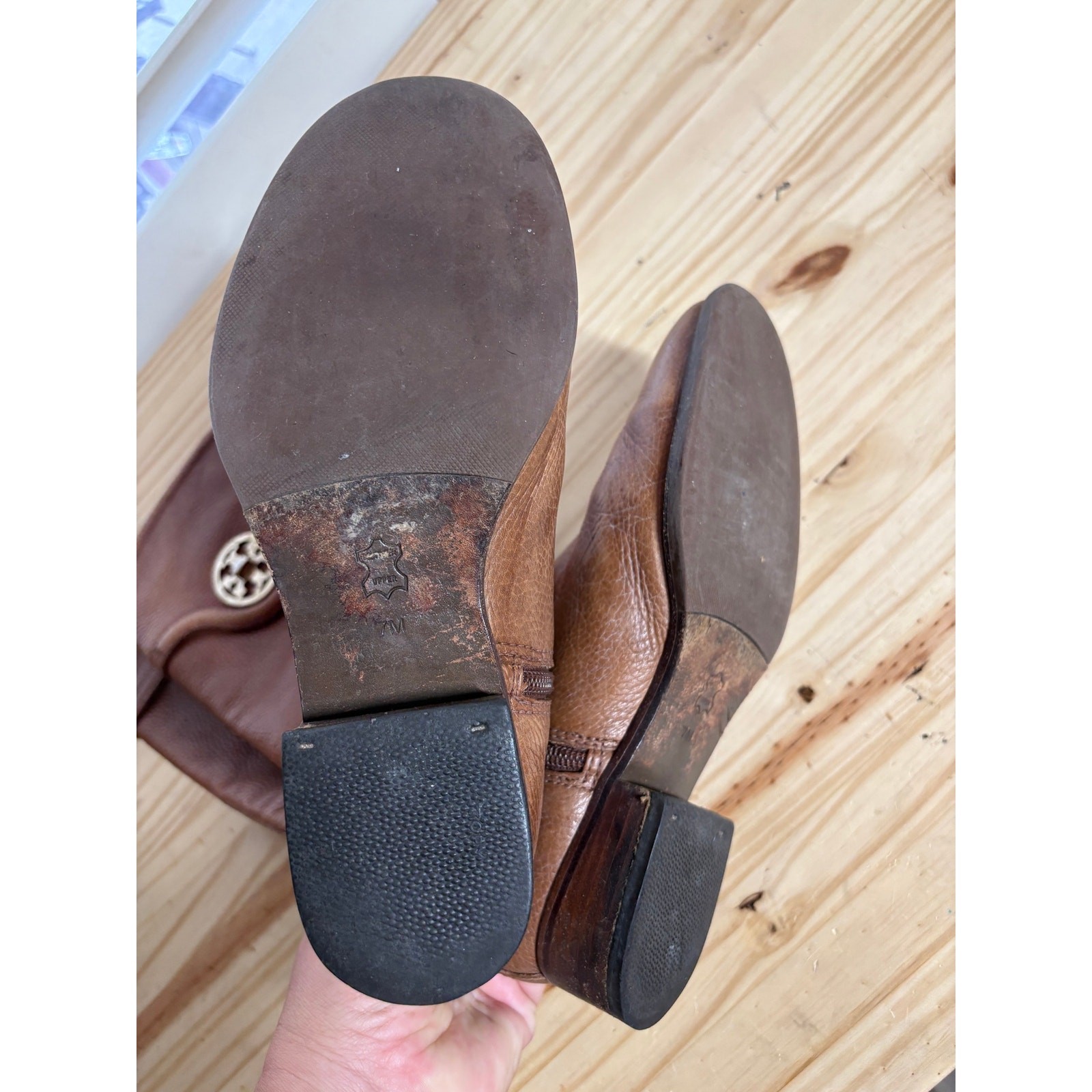 Tory Burch Size 7 Selma Riding Boots Brown Leather Knee High Zip Almond Toe