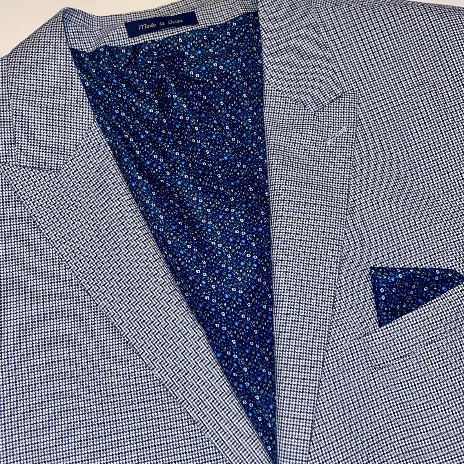 Alan Flusser Blue Check Floral Liner PolyBlend Mens•48R SportsCoat Jacket Blazer