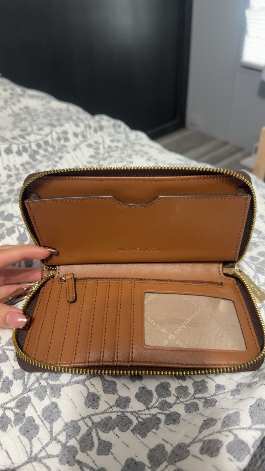 Michael Kors Signature Brown Zip-Around Wristlet Wallet w/ Wrist Strap & ID