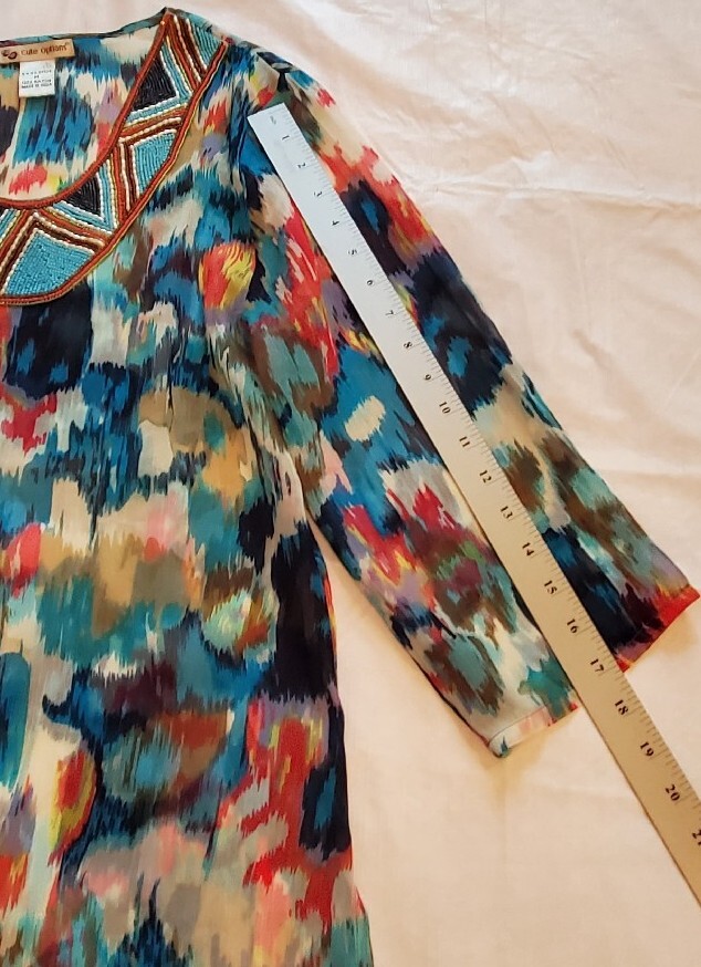 Cute Options Beaded Tunic Women’s Size Medium Floral Sheer Gauzy Cruise-wear 