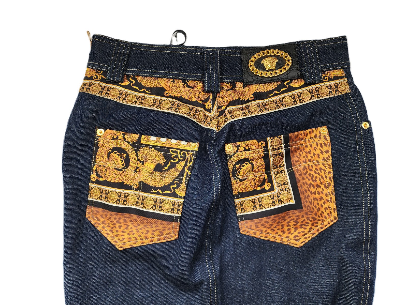 $2995 Designer VERSACE Women’s Indigo Gold Stitching Medusa Long Denim Skirt 40