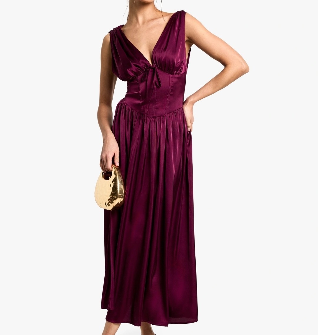 Boohoo Burgandy Milkmaid Maxi Dress Deep Plunge V-neck Sz 6 Basque Sleeveless