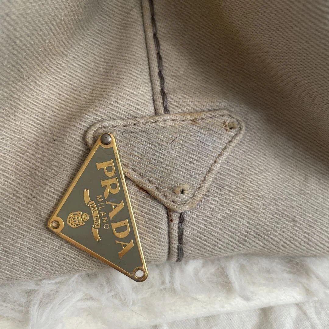 PRADA Canapa Canvas Tote Handbag Greige Triangle Logo Plate Bag Women Junk