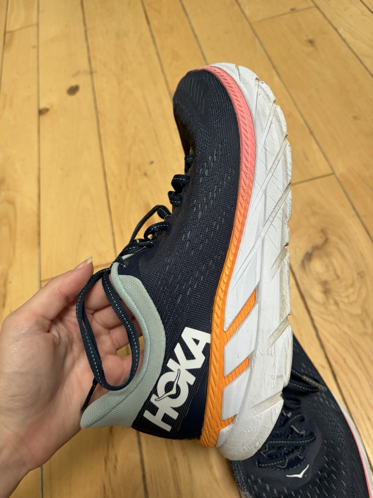 HOKA Women’s Athletic Sneaker Black/Gray/Orange/White Lace-Up Low Top Rubber