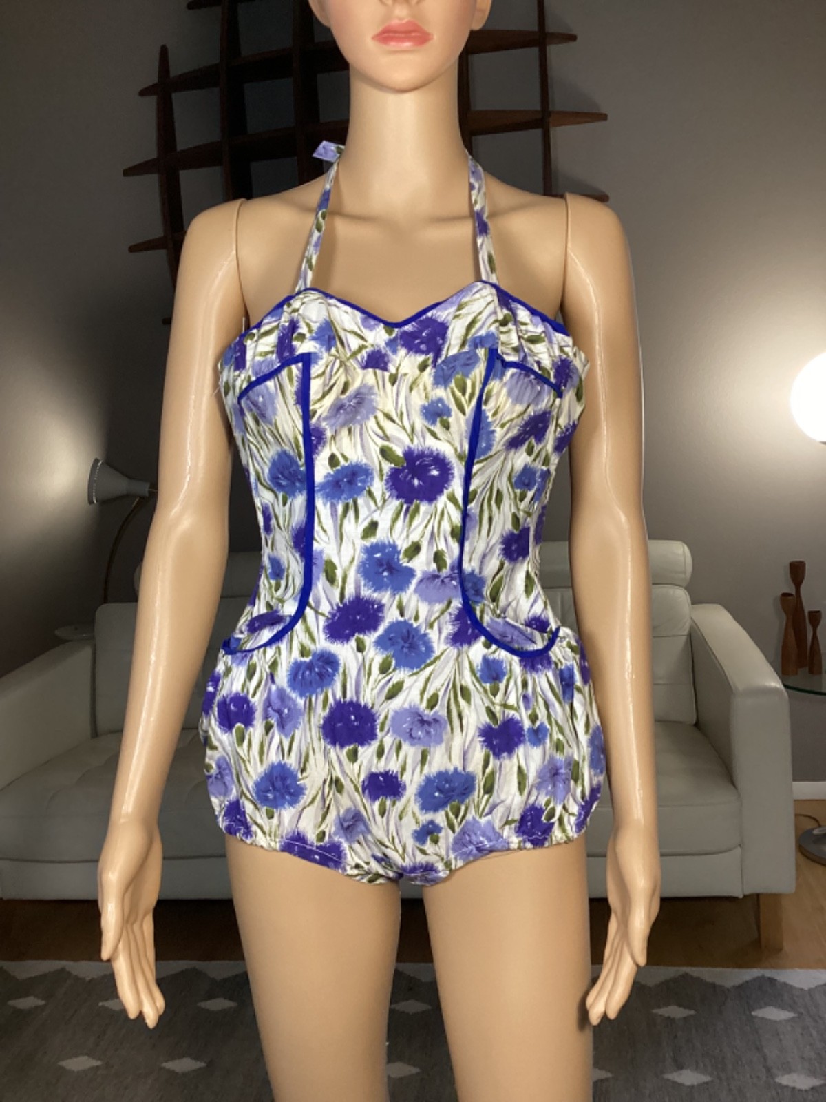 Vintage 50’s Slix One Piece Floral Cotton Swimsuit Playsuit Pockets Sz 32 Pinup