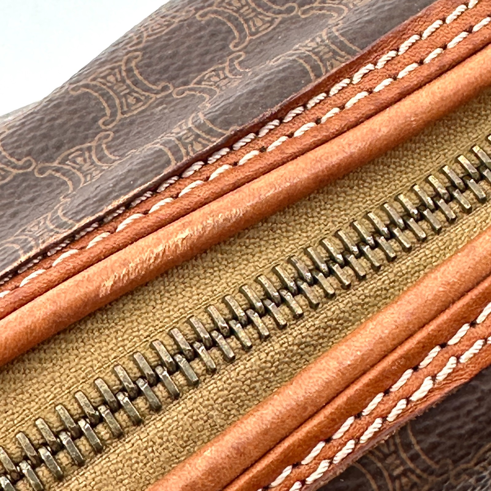 CELINE Macadam PVC Leather Cosmetic Pouch Vanity Brown Gold Auth