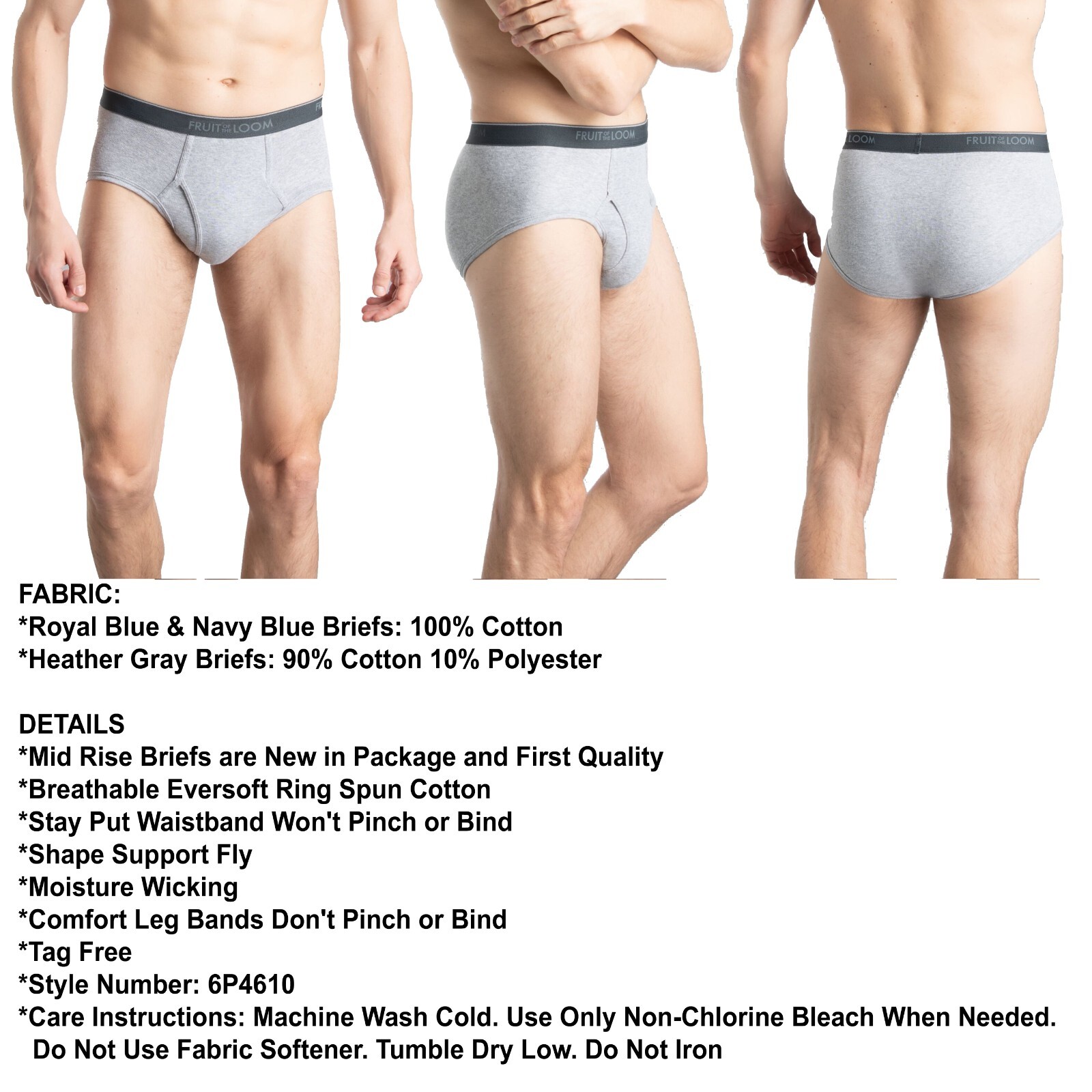 6 Blue Gray Extra Large XL 40-42 Briefs Mid Rise Fruit of the Loom EG 102-107 CM