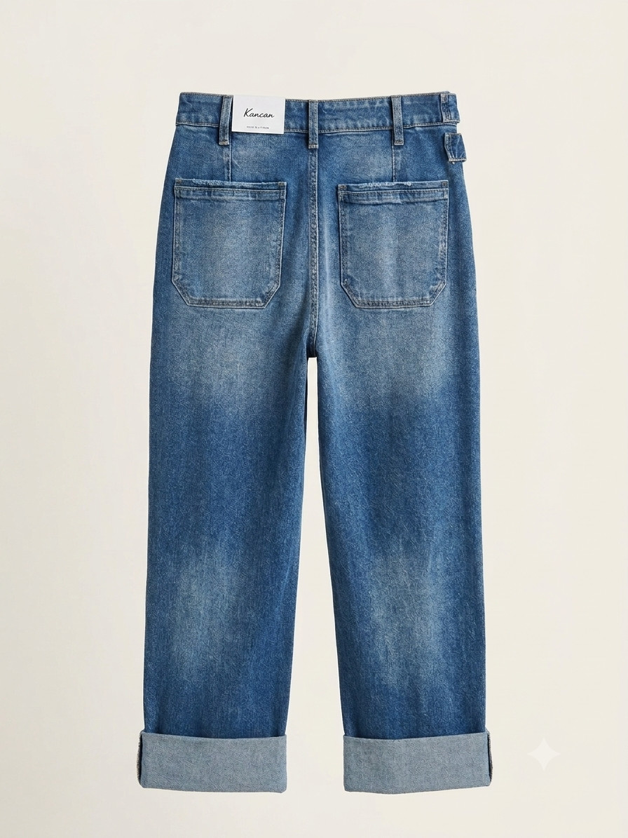 Kancan High Rise Wide Leg Jeans Medium Wash Utility Patch Pocket Size 11/29