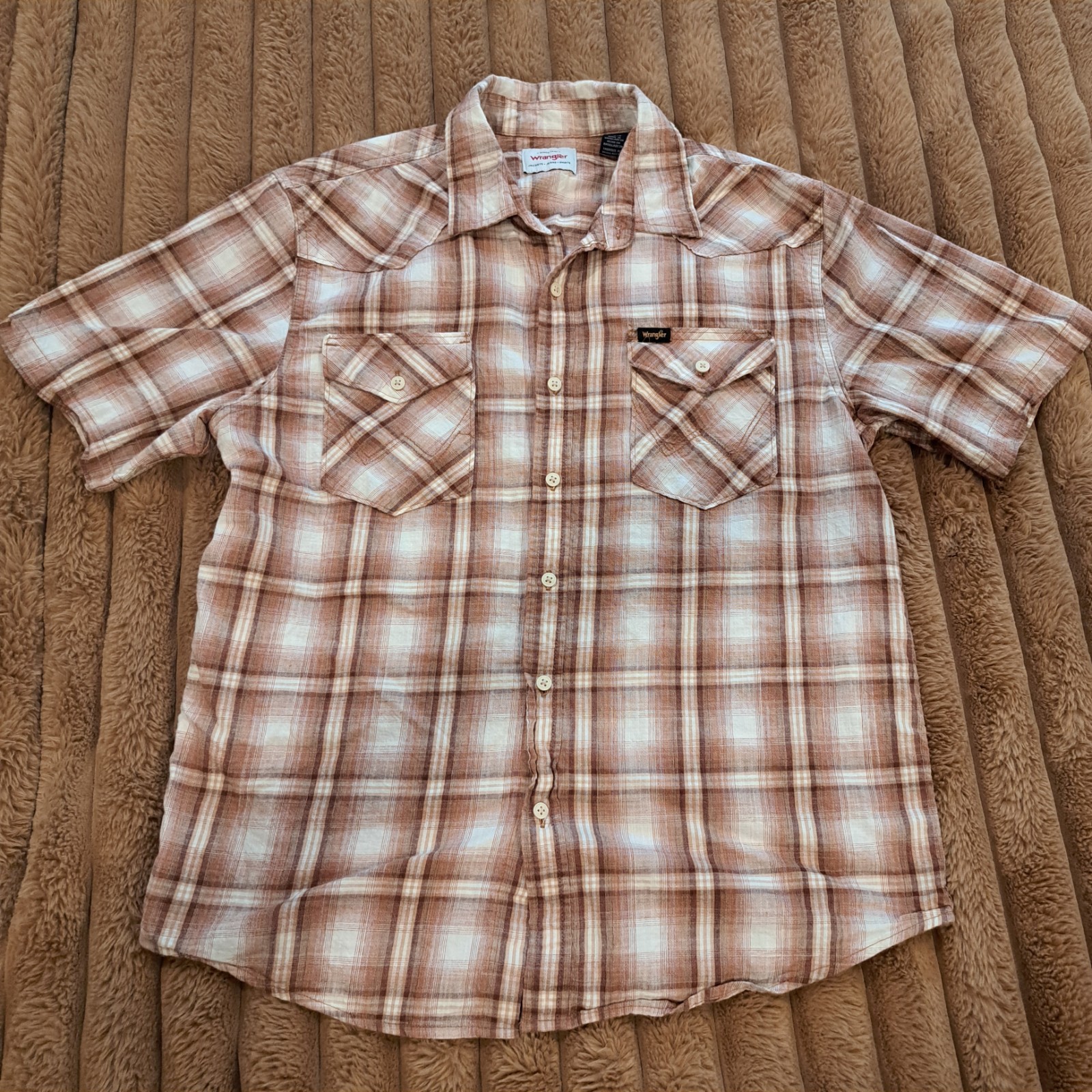 Wrangler Premium Western Shirt Mens L Brown Cream Plaid Short Sleeve