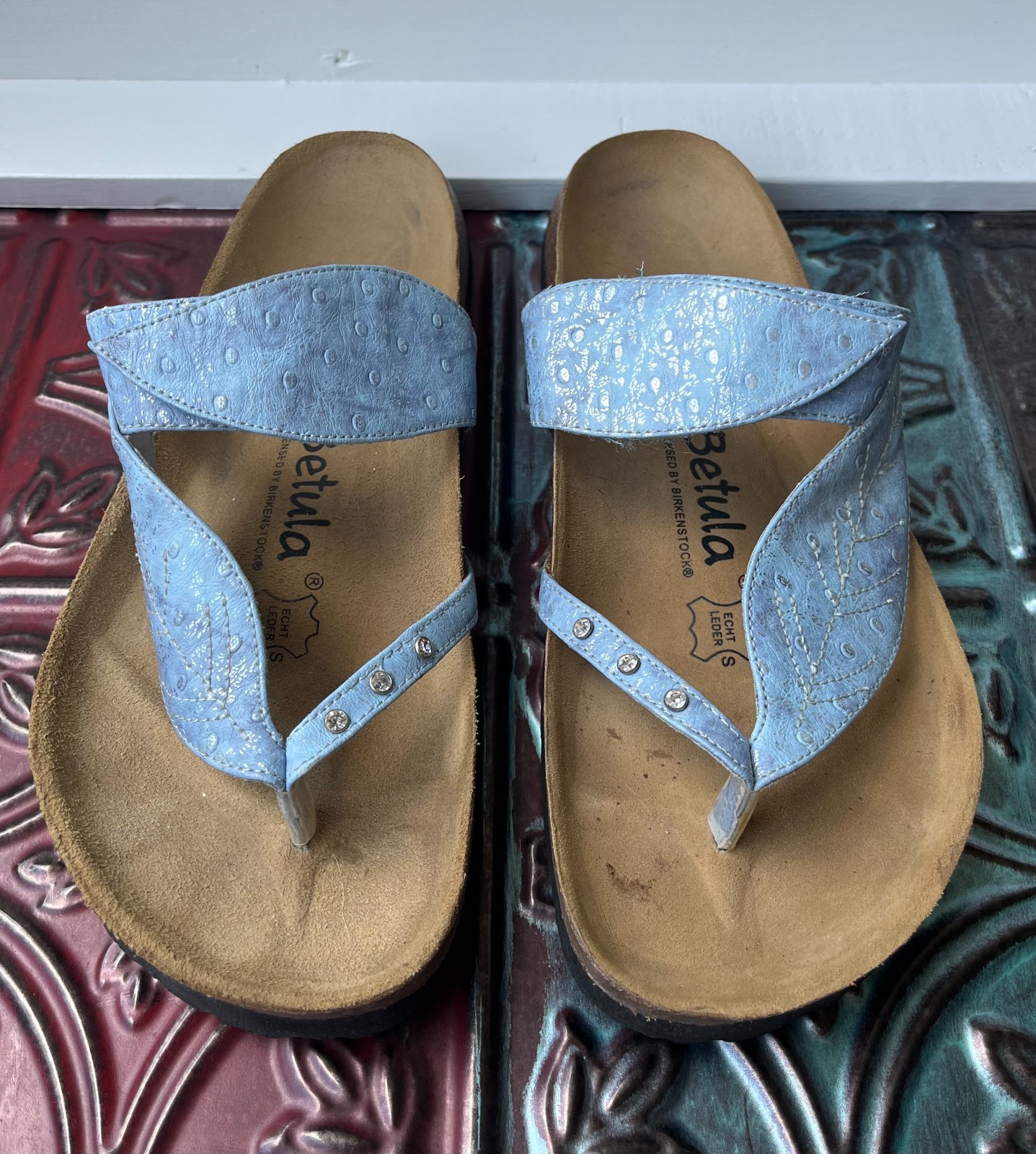 Betula Birkenstock Bombay Leaf Sandal Womens 8 EU 39 Blue Leather Birko Flor
