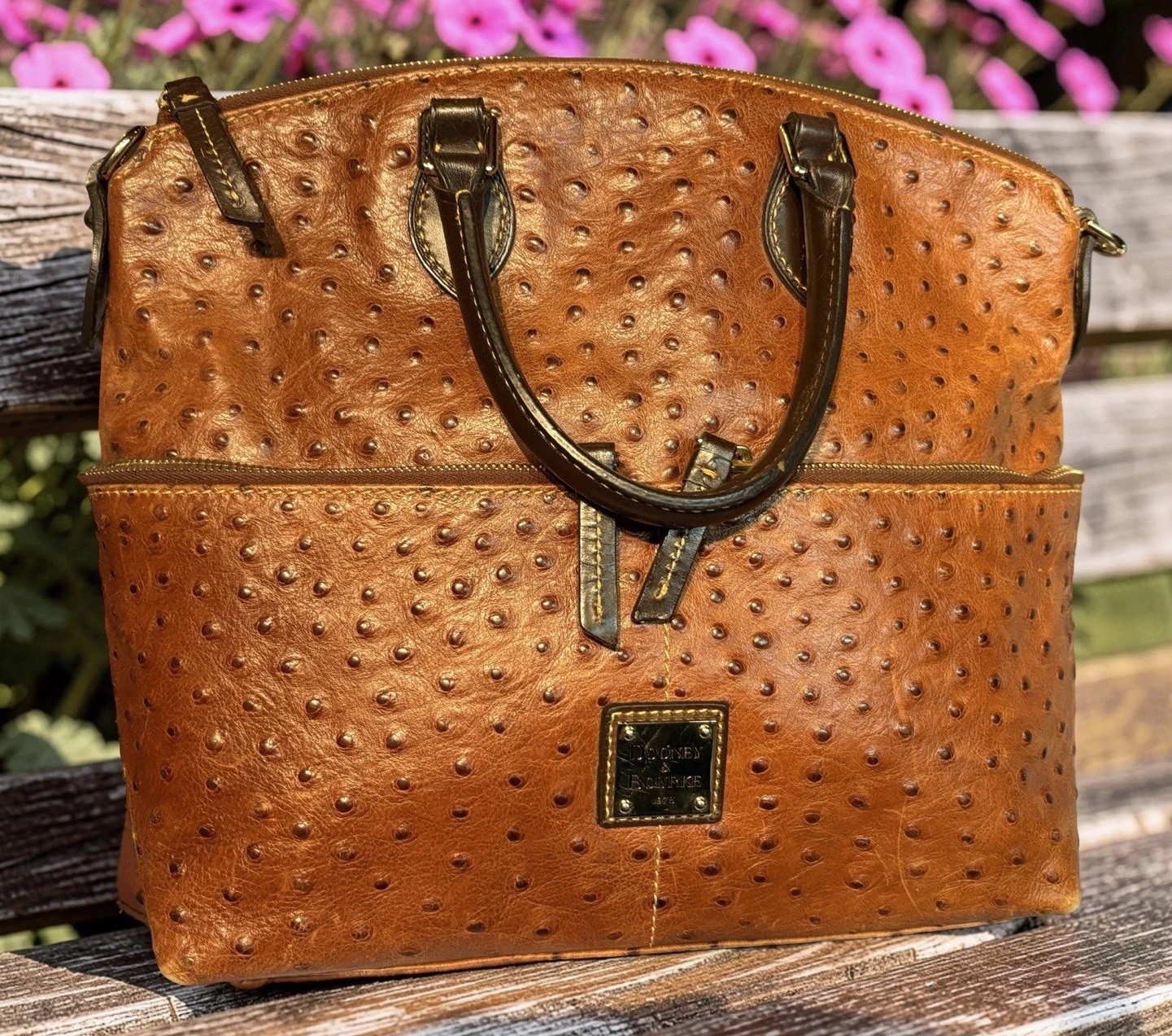 Dooney Bourke Chestnut Brown Ostrich Embossed Leather Front Pocket Satchel Tote