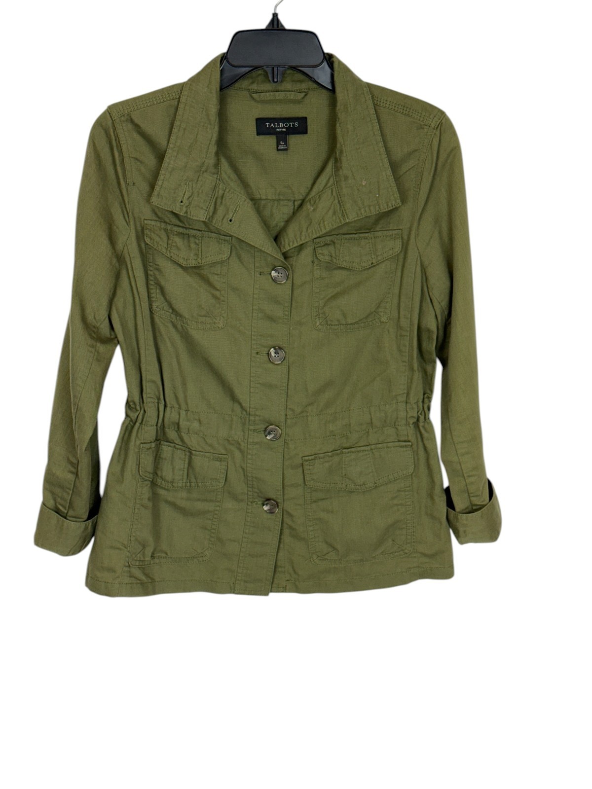 Talbots jacket sz Sp olive green military utilitarian safari cotton linen blend