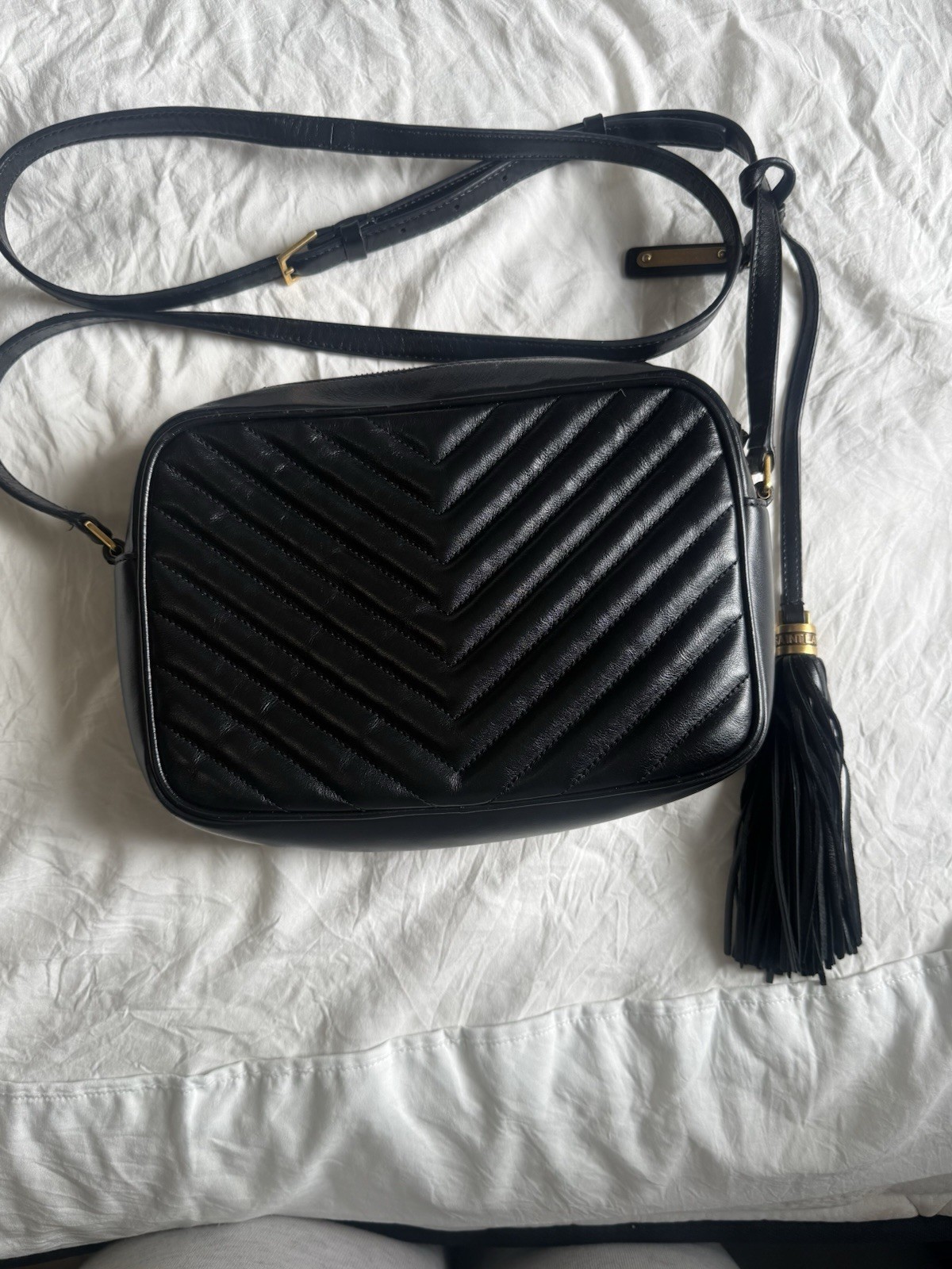 Saint Laurent Black Quilted Chevron Crossbody Tassel Gold Hardware Zip