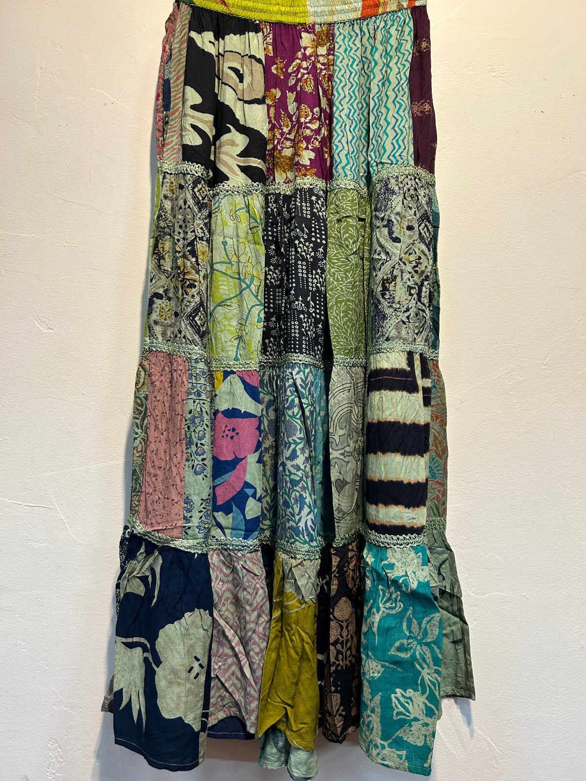 Nwt FUNKY STUFF boho hippy patch rayon elastic waist maxi SKIRT L Free shipping