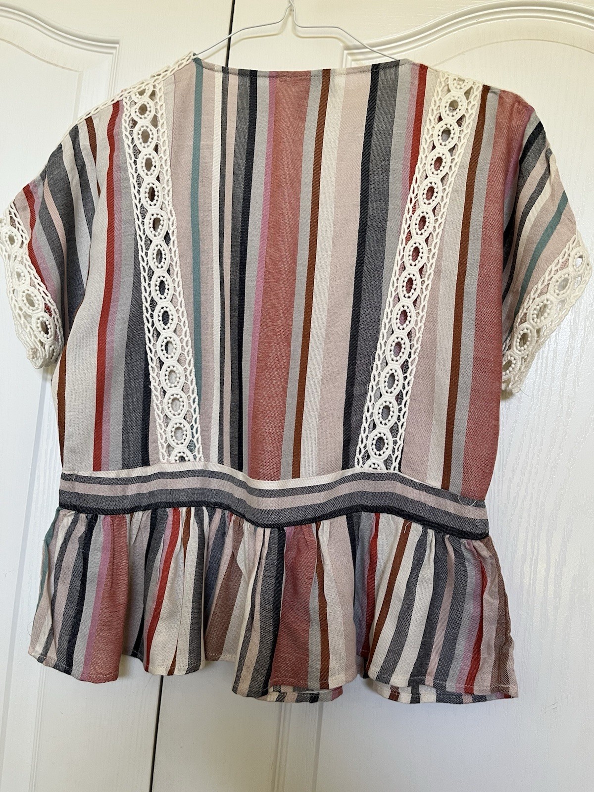 Buffalo David Bitton Womens Striped V-Neck Short Sleeve Lace Blouse S