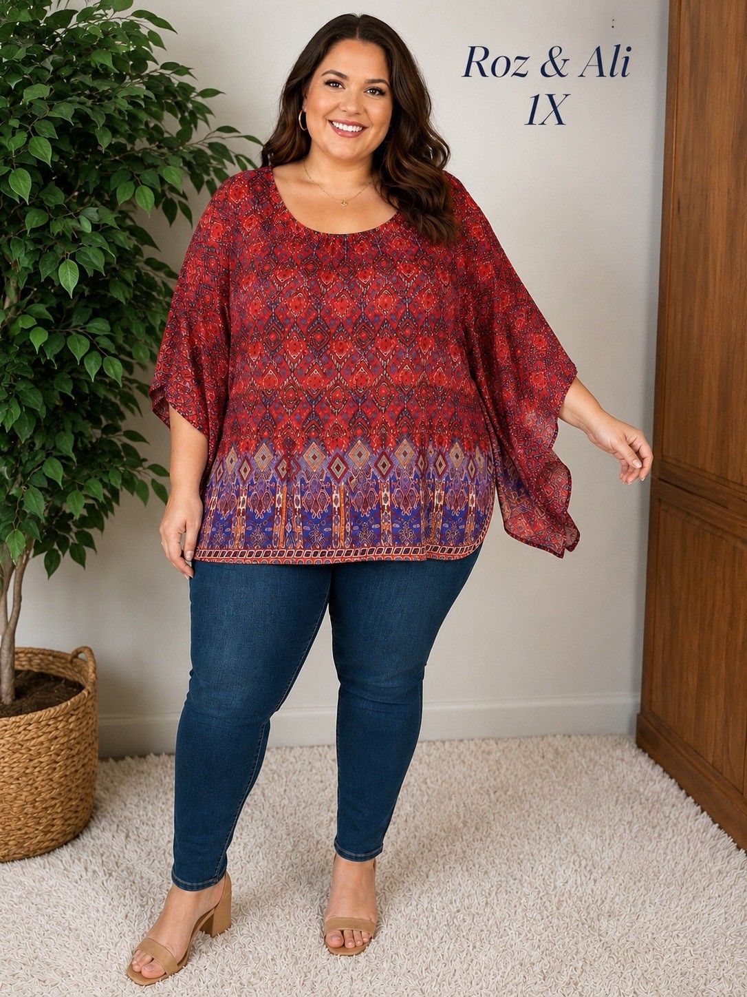 Roz & Ali Boho Tribal Batwing Lined Blouse Woman’s Size 1X