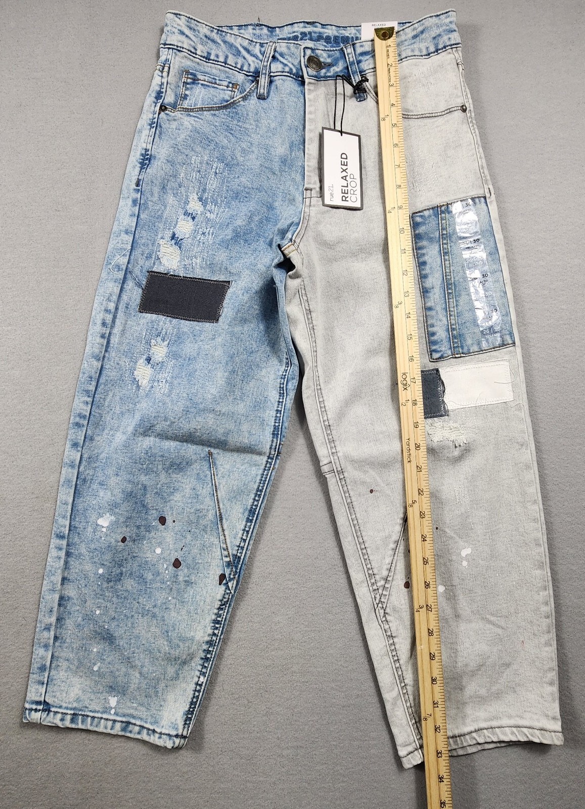 Paint Splatter Patchwork Relaxed Crop Jeans Straight Leg Mens 90s Retro