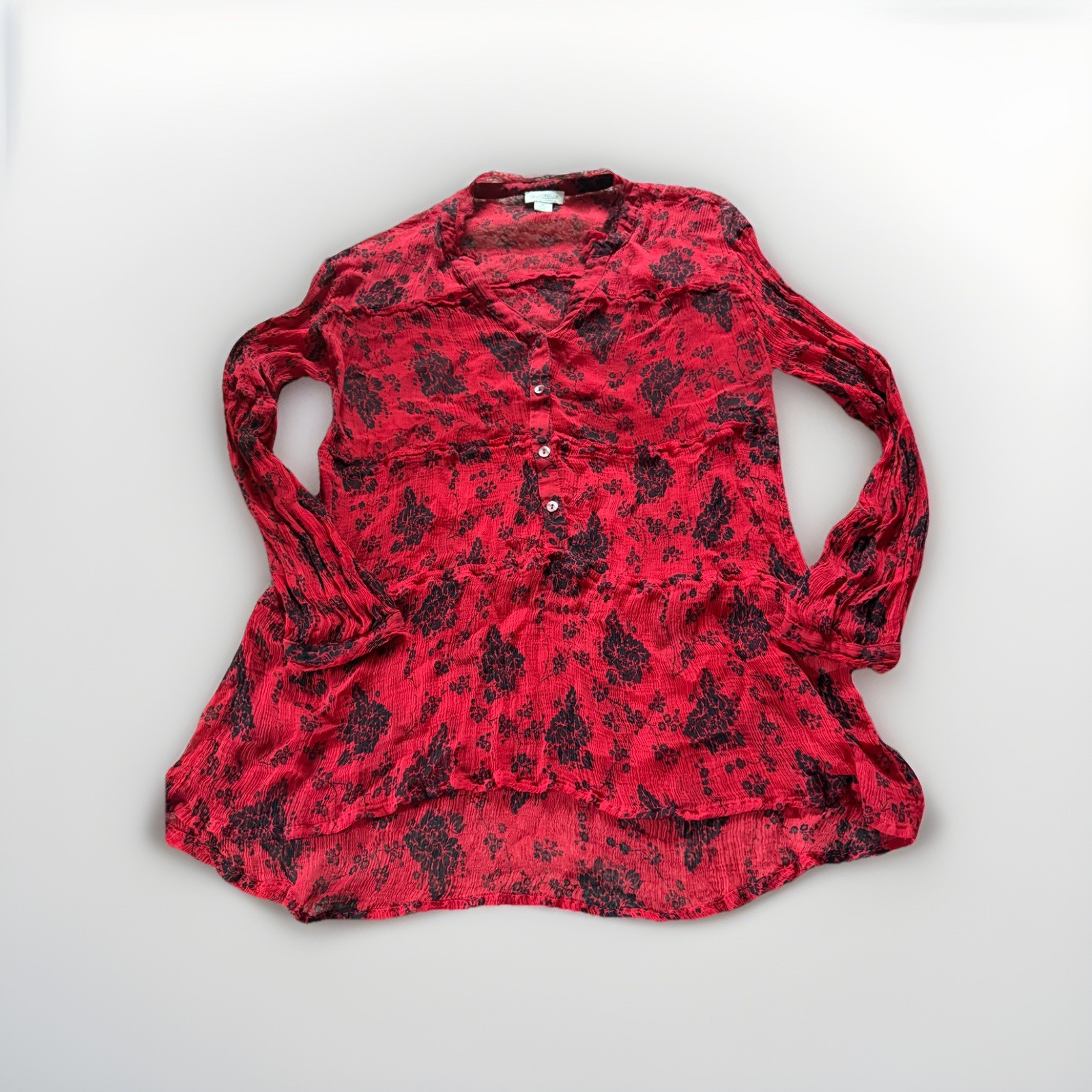 Sundance Size Medium Elodie Black Red Floral Tiered Blouse Top Button Sheer