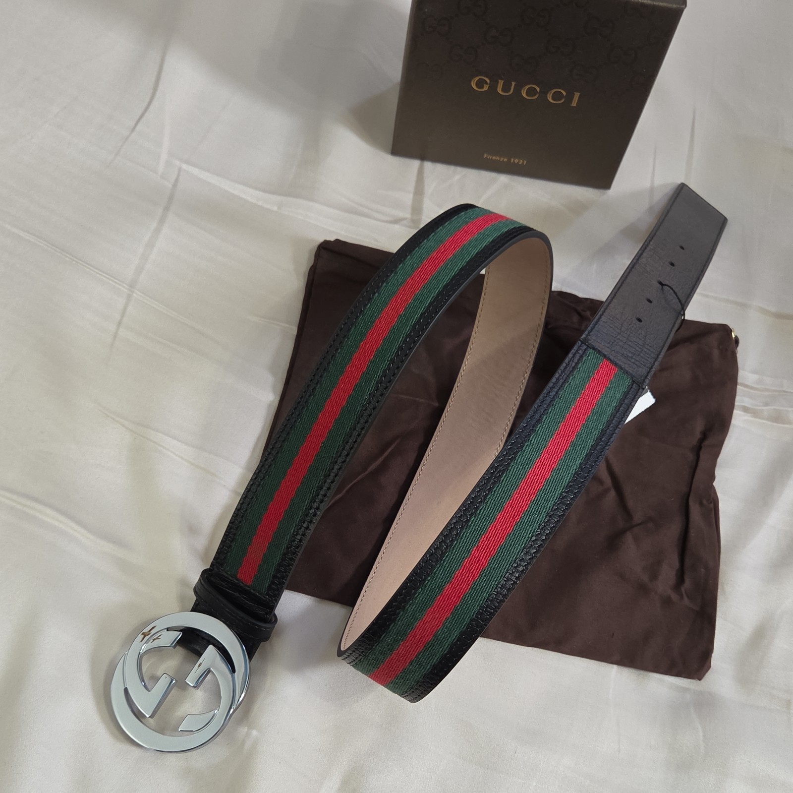Authentic Gucci Black Green And Red Striped Belt, Men Size 34-36 IT 100CM