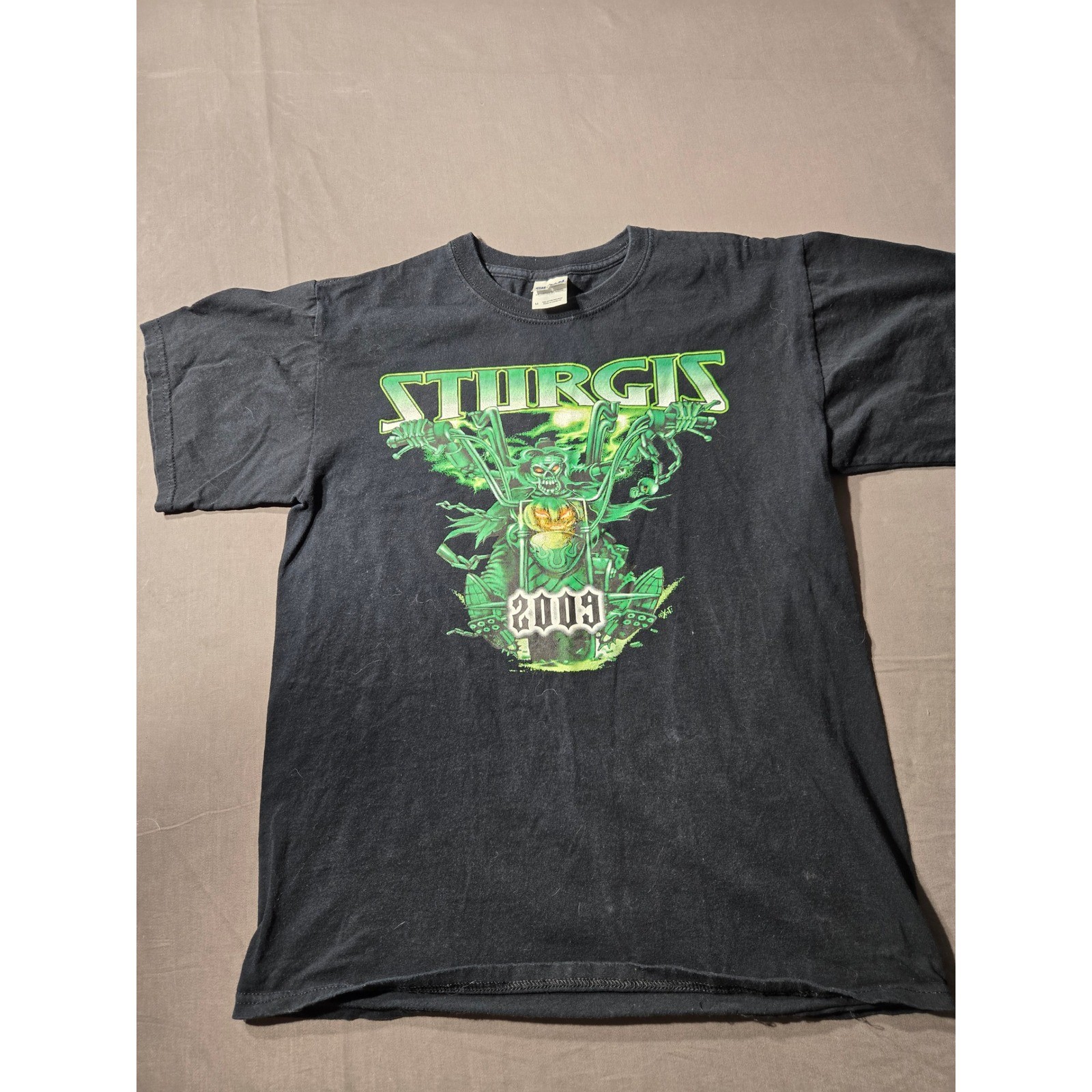 Sturgis 2009 Motorcycle Rally Graphic T-Shirt Mens Medium Black Neon Green Biker