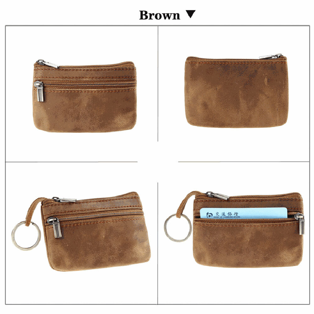 Brown Genuine Leather Small Coin Holder Change Purse Zipper Key card Wallet USA