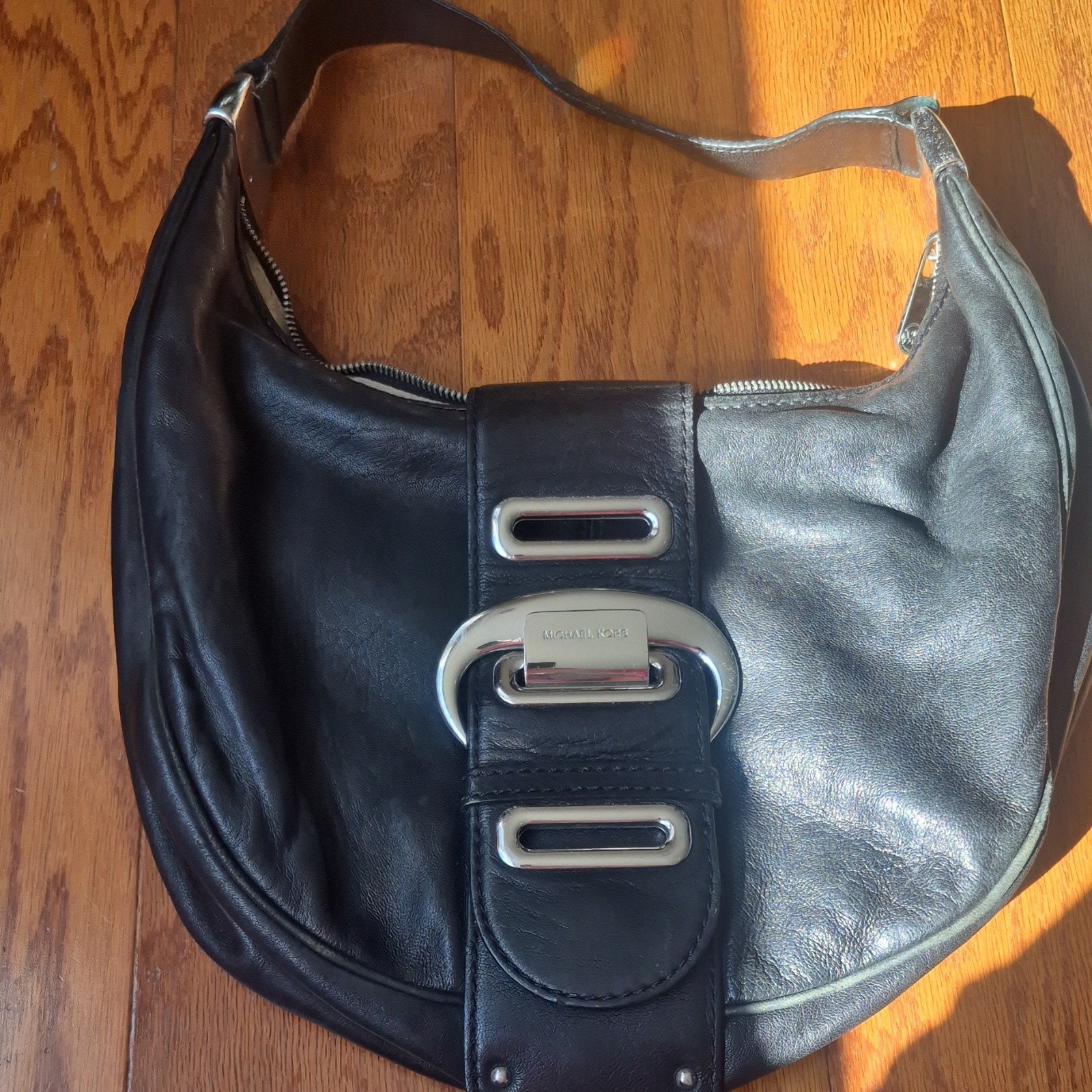 Michael Kors Black Crescent Shoulder Bag Silver Hardware Buckle Zipper Accent