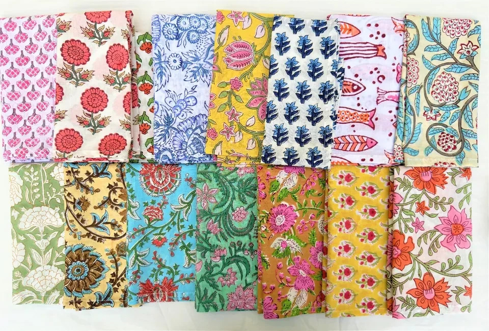Assorted Hand Block Floral Print Napkins 100 % Cotton Dinner Table Cloth Napkins