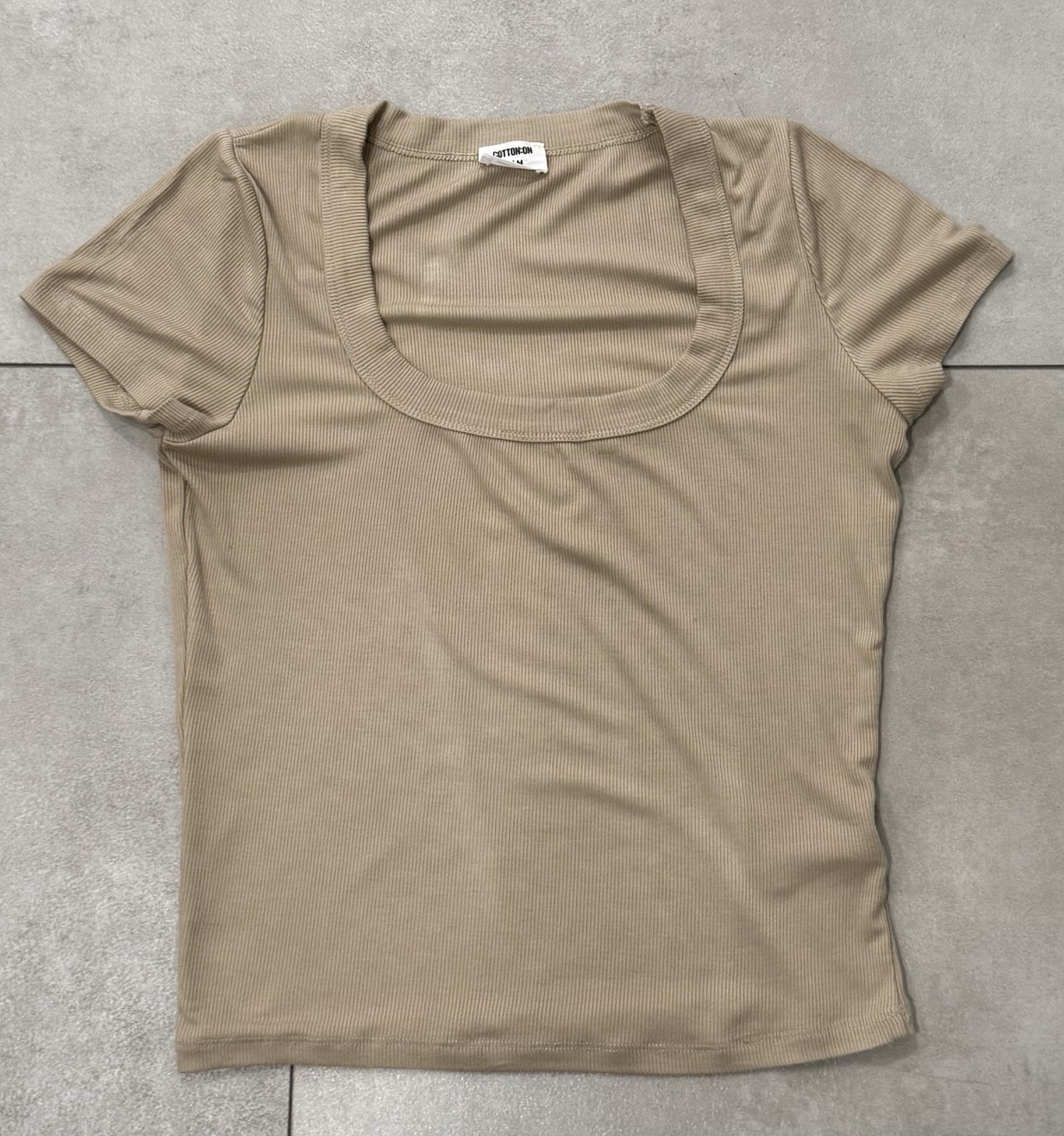 Cotton On Ribbed Scoop Neck Short Sleeve Top Beige Size Medium