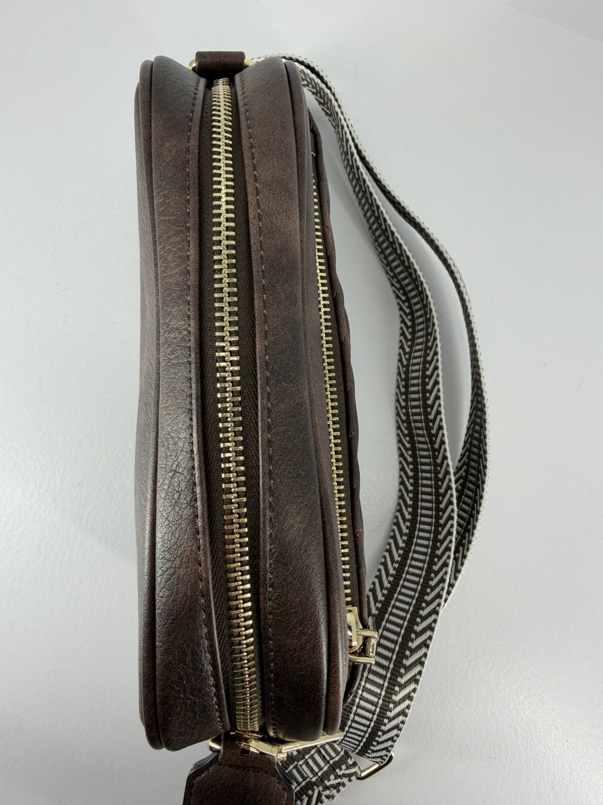 Bostanten Nola Brown Chevron Quilted Crossbody Bag W/Striped Guitar Style Strap