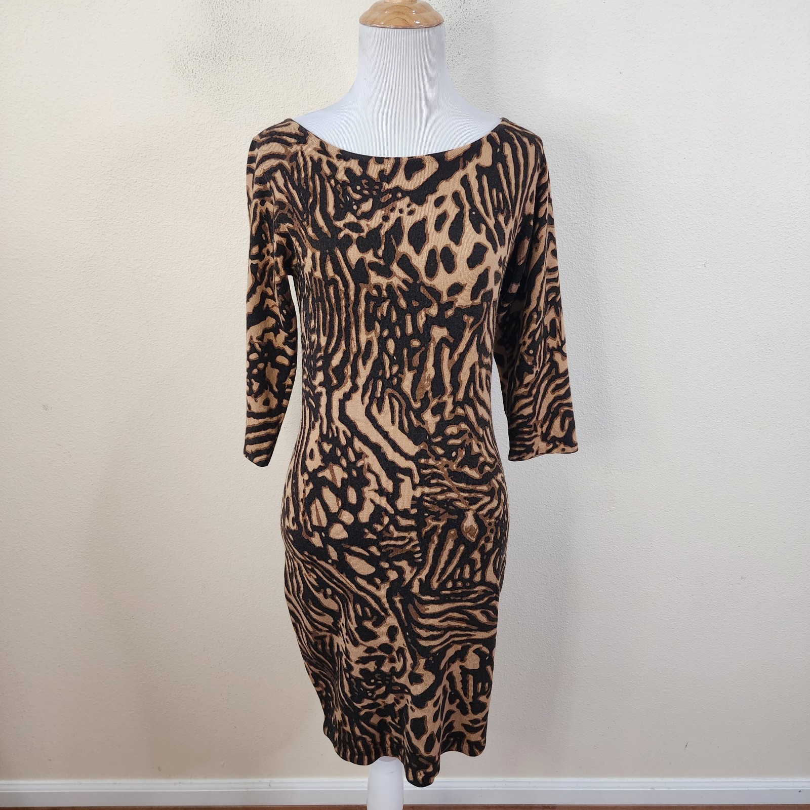 ASOS Women’s Brown Animal Print Bodycon Sweater Dress Size 4 3/4 Sleeve