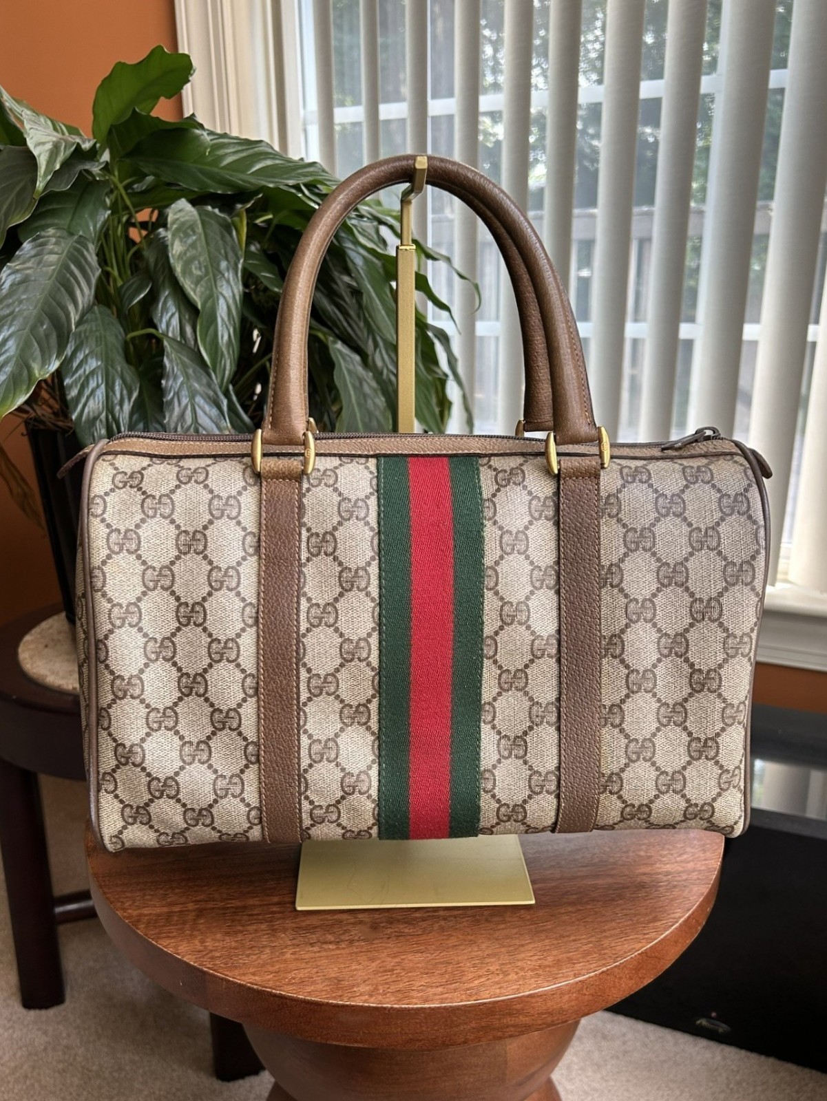 GUCCI GG Supreme Monogram Sherry Web Boston Bag, Tan