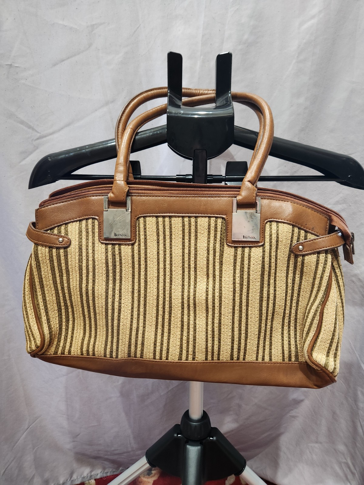 Liz & Co., Brown-Beige Stripe Top Handles Handbag 15in x 8.5in x 3in