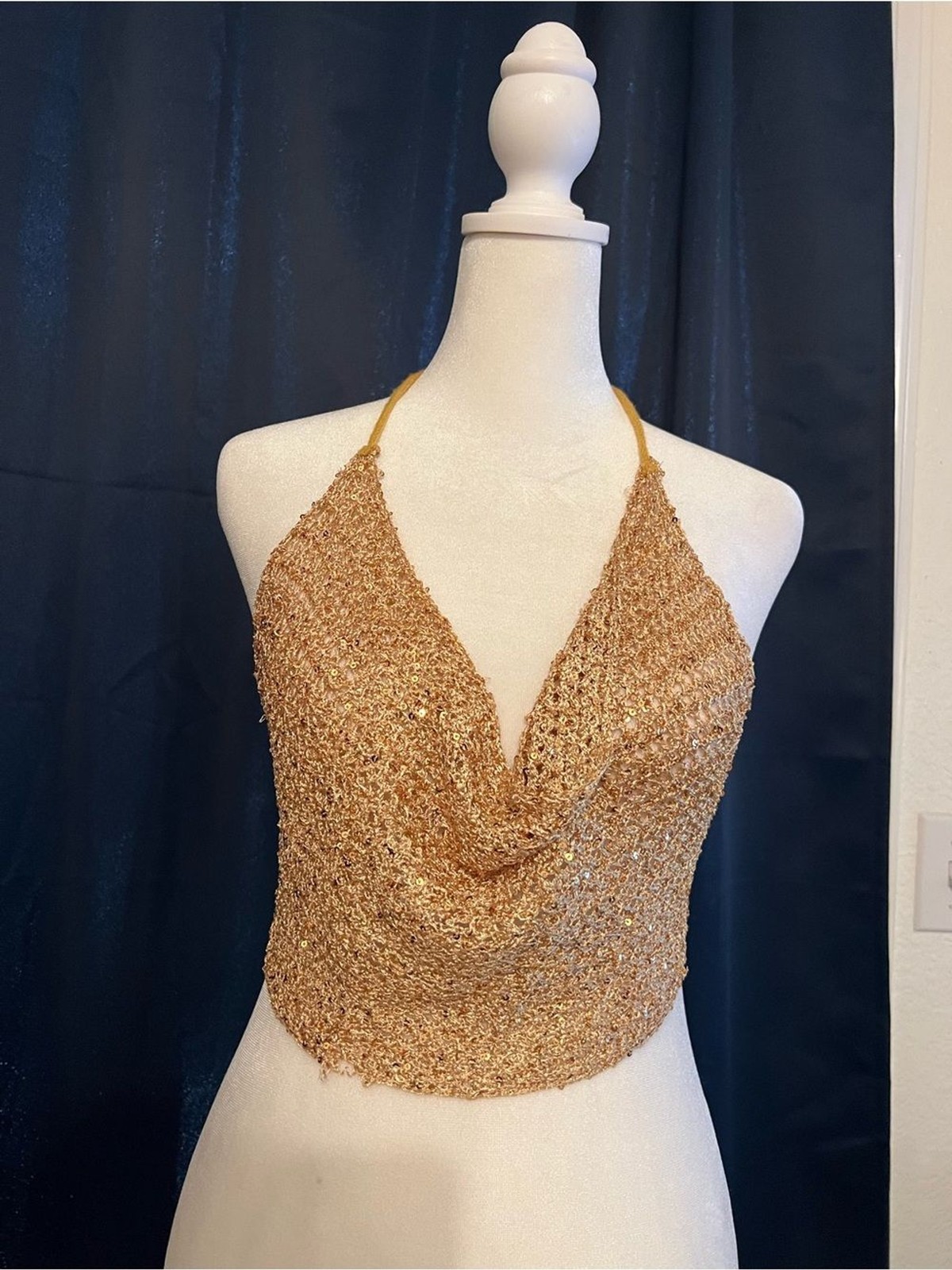 Gold Sequin Crochet Halter Cowl Top – Size S