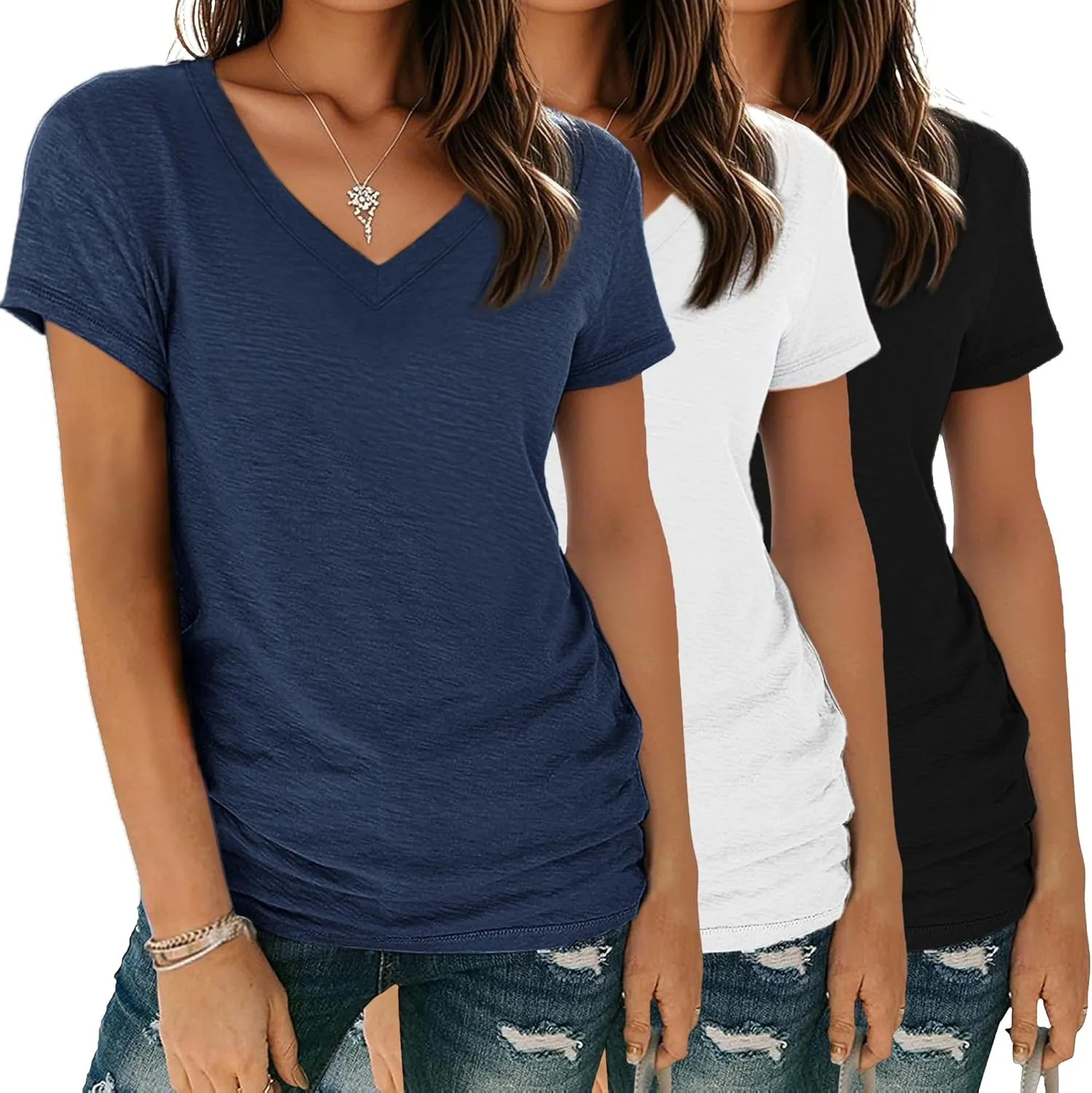 Womens V Neck Short Sleeve Basic T Shirt Loose Fit Casual Summer Tee Top S-XXL
