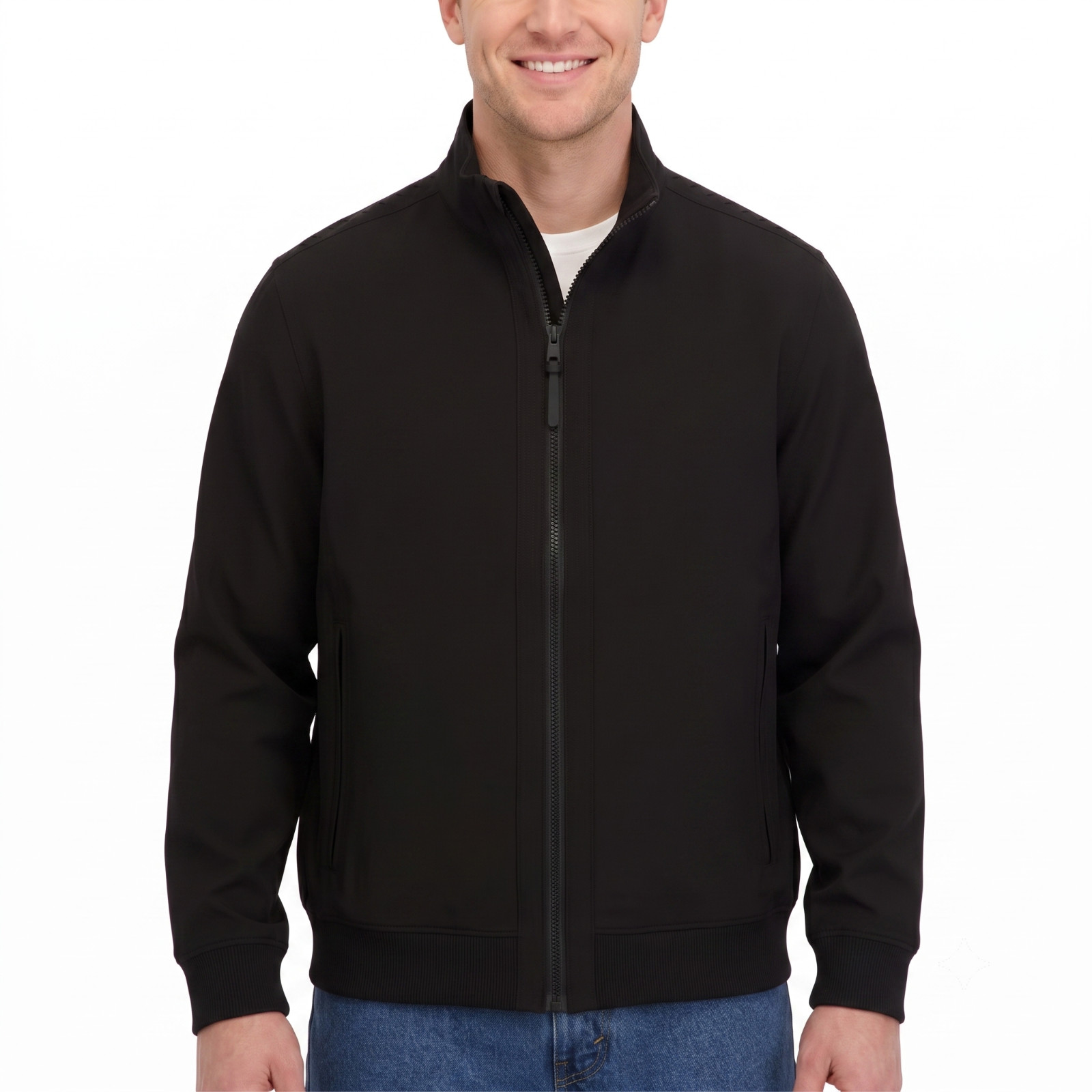Kirkland Signature Men’s Softshell Bomber Jacket 4-Way Stretch Black Navy Brown