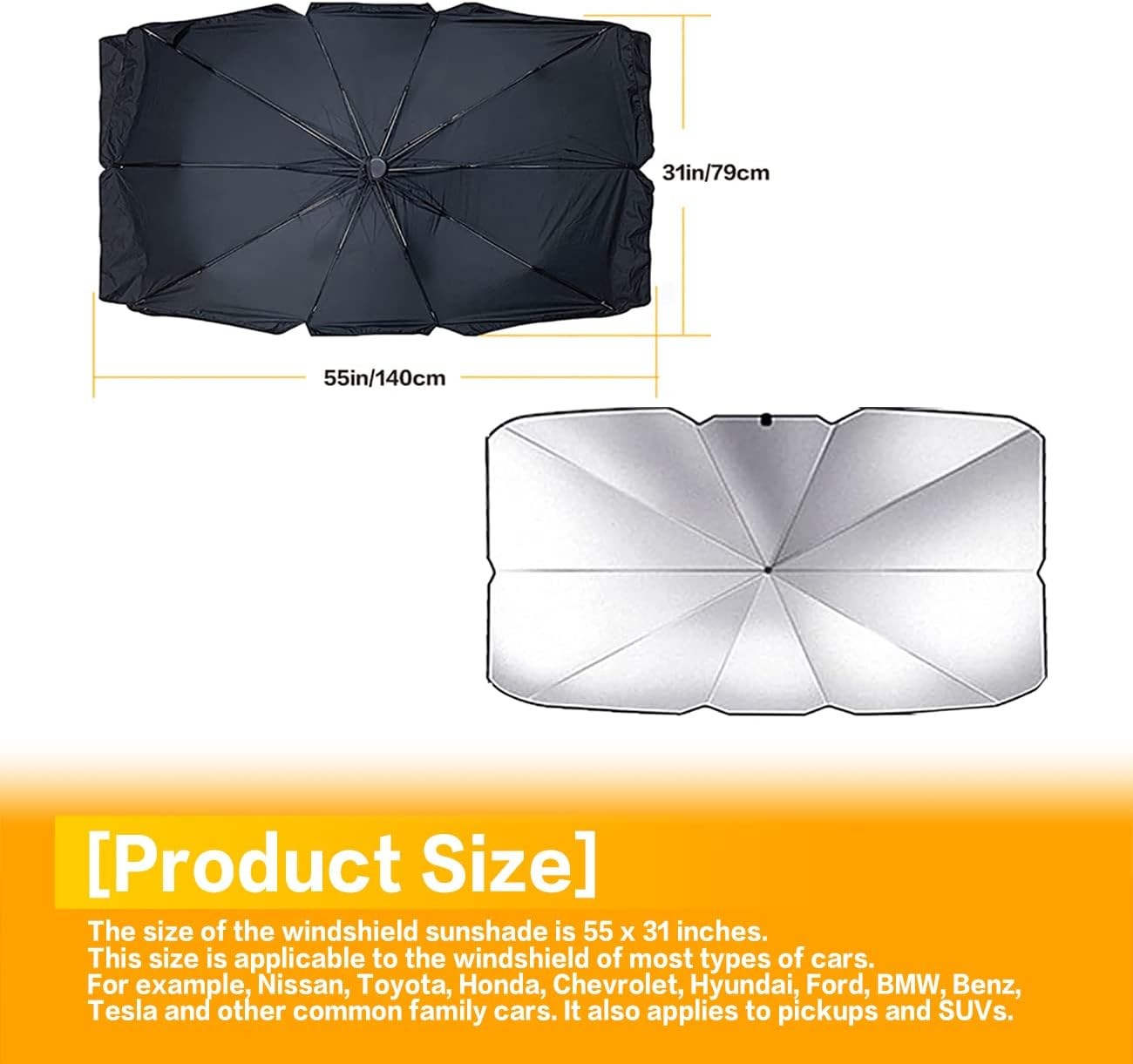 55″ x 31″ Car Sunshade Umbrella, Upgraded Windshield Cover Sun Shade, UV Reflect