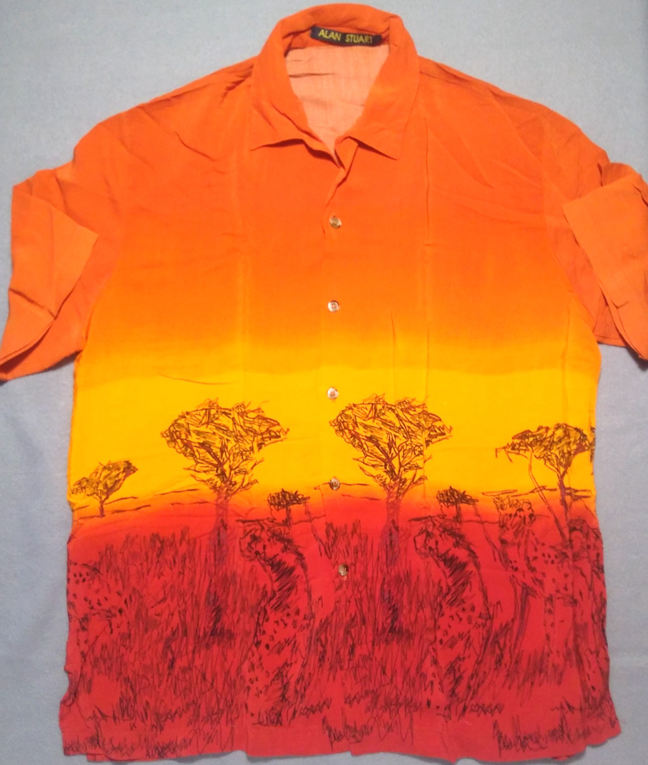 Vtg Alan Stuart Shirt XL 17-17.5 Viscose Orange Geometric Button Up