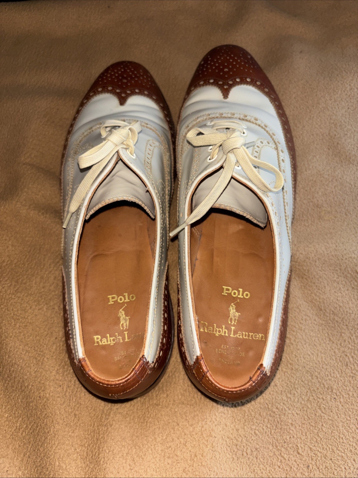 Ralph Lauren-Neiman Marcus Spectator Wing-Tip Oxford Shoes-Brown White—9-1/2B