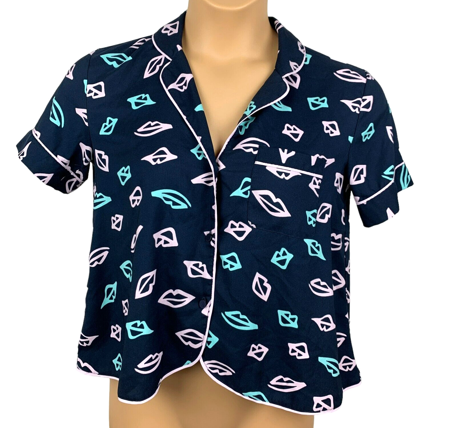 VICTORIA’S SECRET Navy Blue Sleep Shirt Size XS Top Pink Blue Lips Short Sleeve